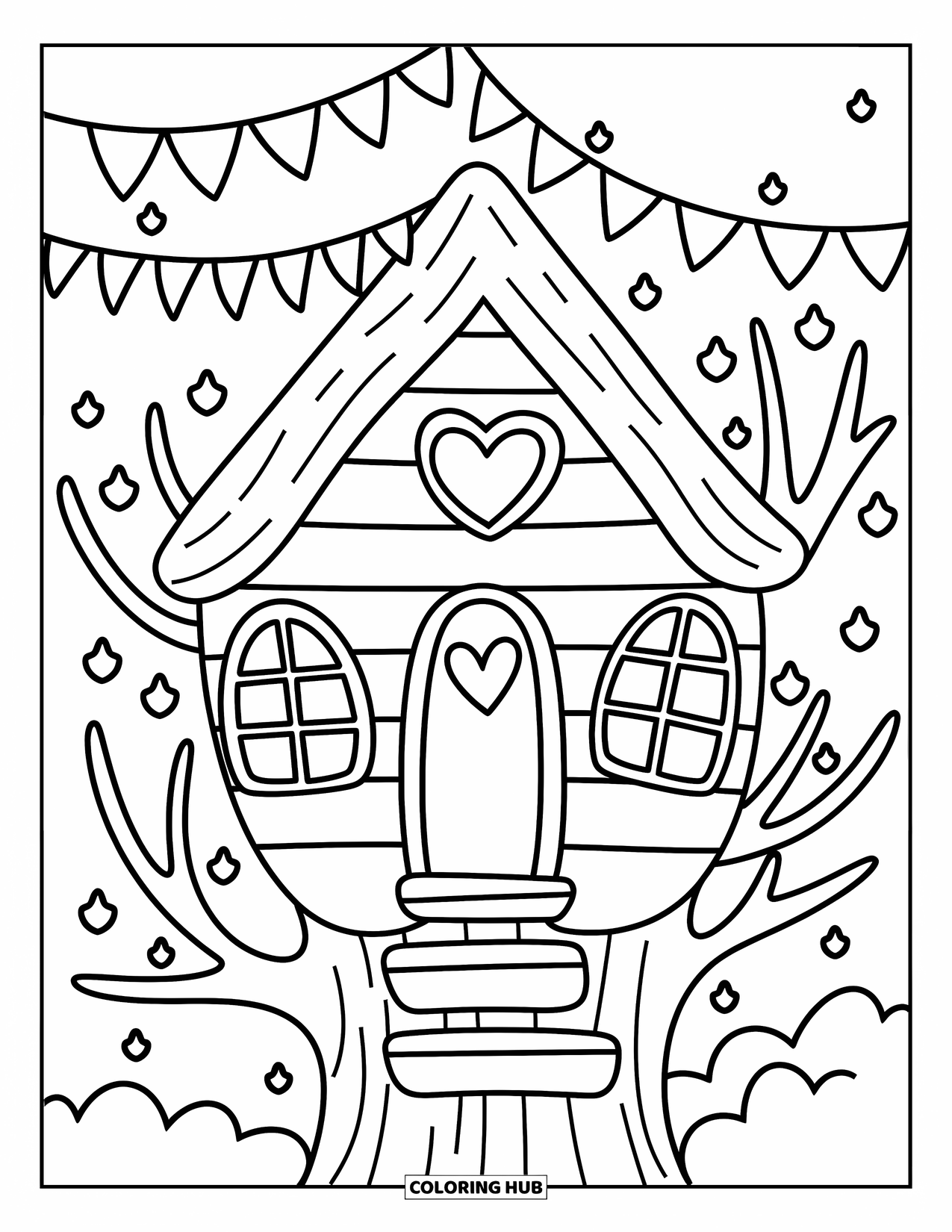 Boomhuttuin Kleurplaat voor Volwassenen: Een boomhuttuin met vlaggetjes, kerstverlichting en een hartvormig raam