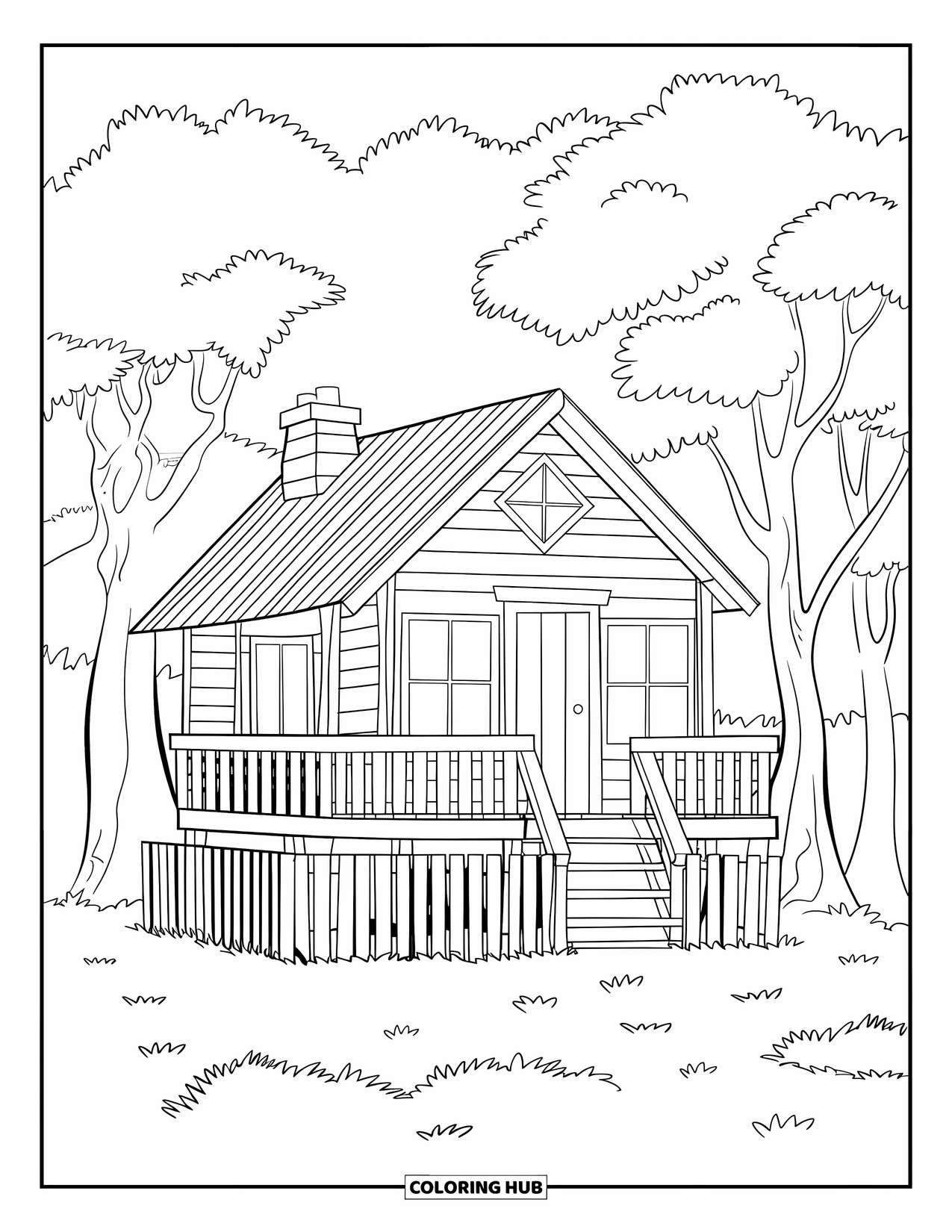 Boomhut Kleurplaat voor Kinderen: Een boomhut in blokhutstijl met een schoorsteen en een houten ladder