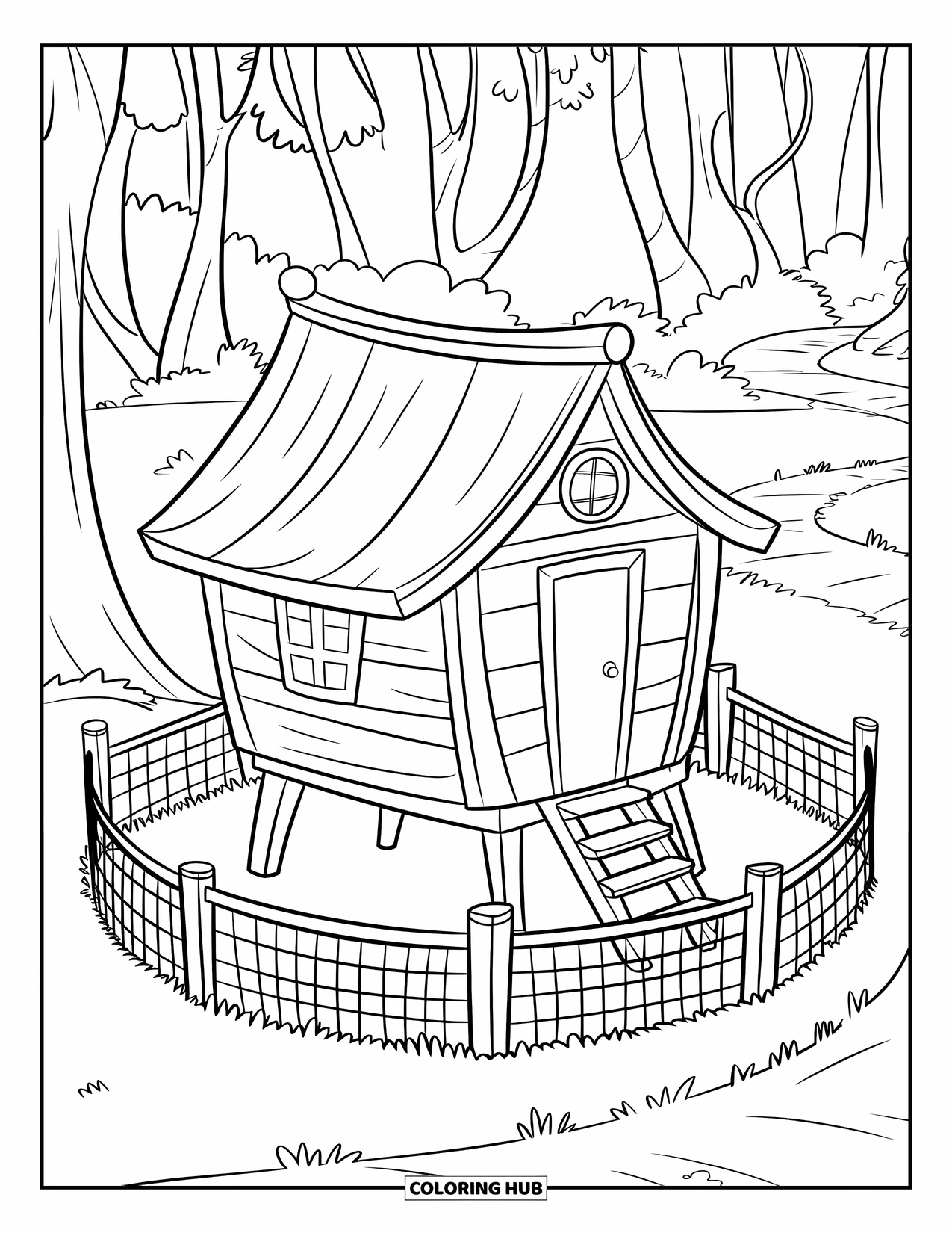 Boomhut Kleurplaat voor Kinderen: Een boomhut in blokhutstijl met een schuin dak en een valluik