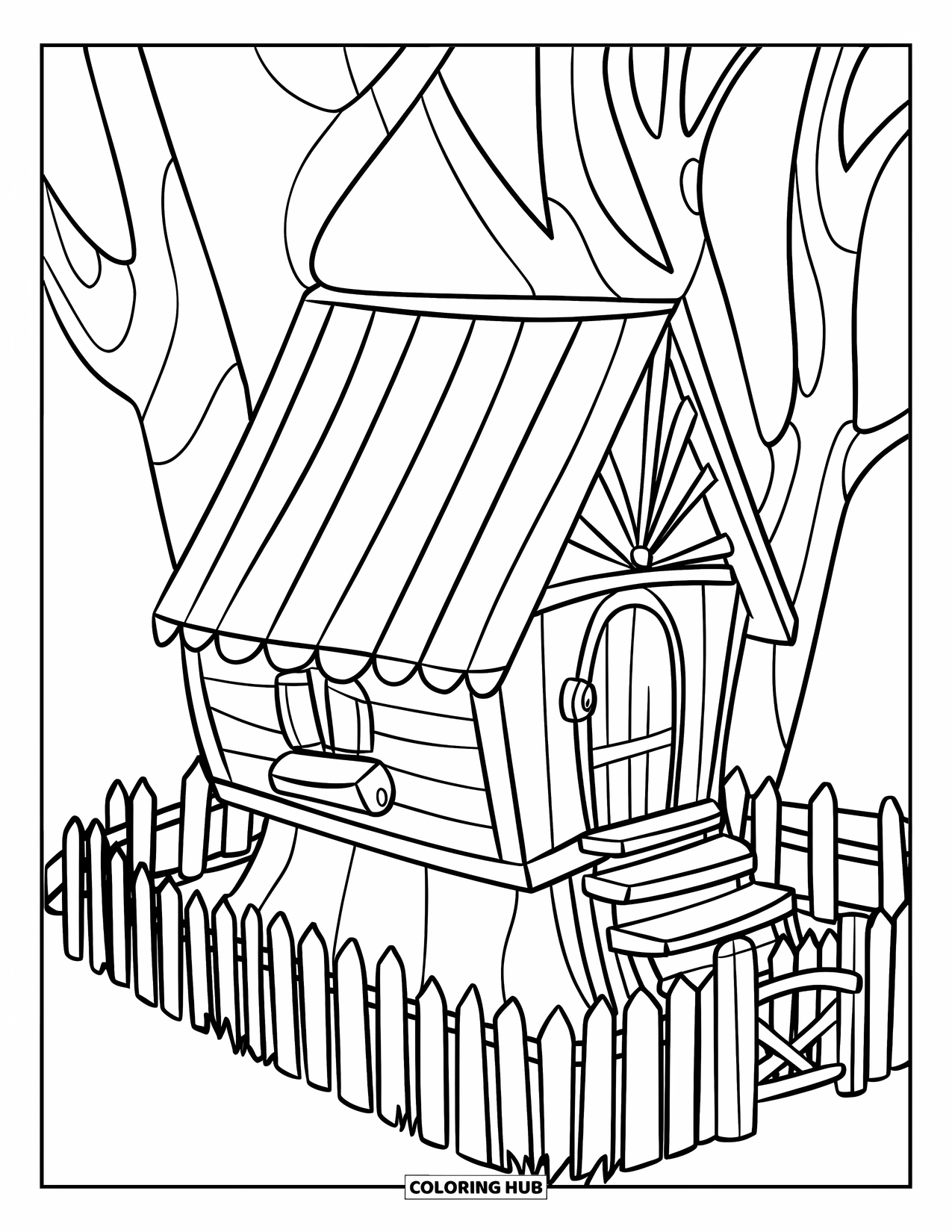 Boomhut Kleurplaat voor Kinderen: Een boomhut in blokhutstijl met een driehoekig dak en een kleine deur