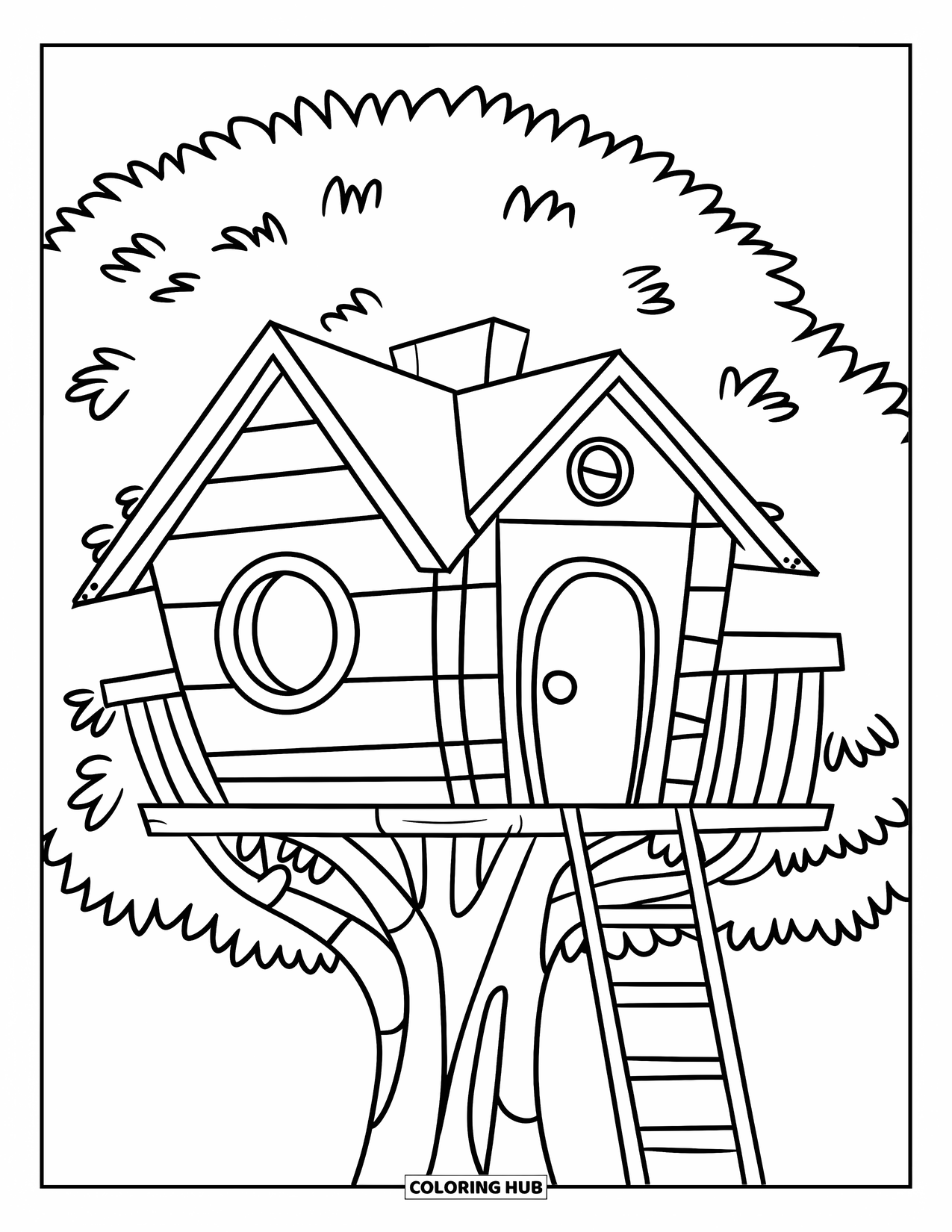 Boomhut Kleurplaat voor Kinderen: Een vrolijke boomhut met een ladder en een rond raam