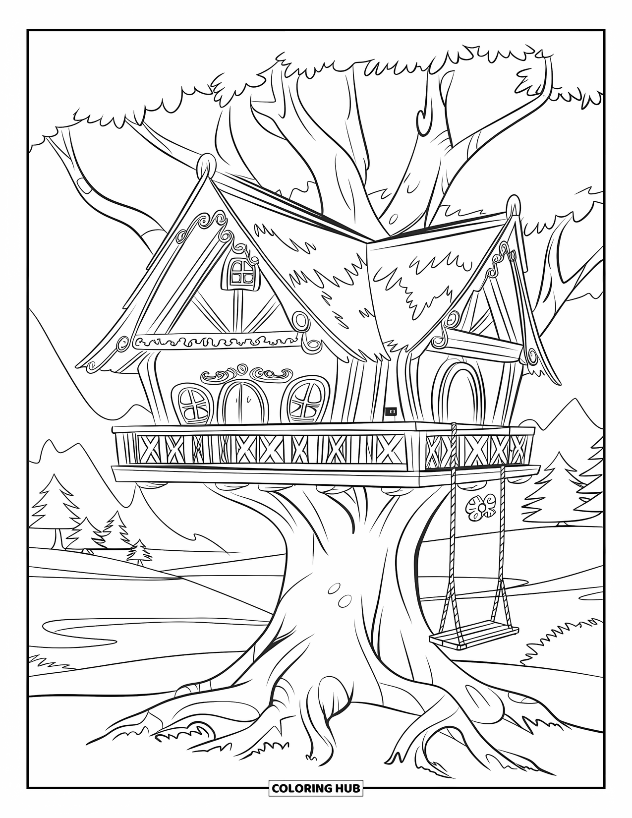 Boomhut Kleurplaat voor Kinderen: Een gezellige boomhut met een balkon, balken en een touwschommel