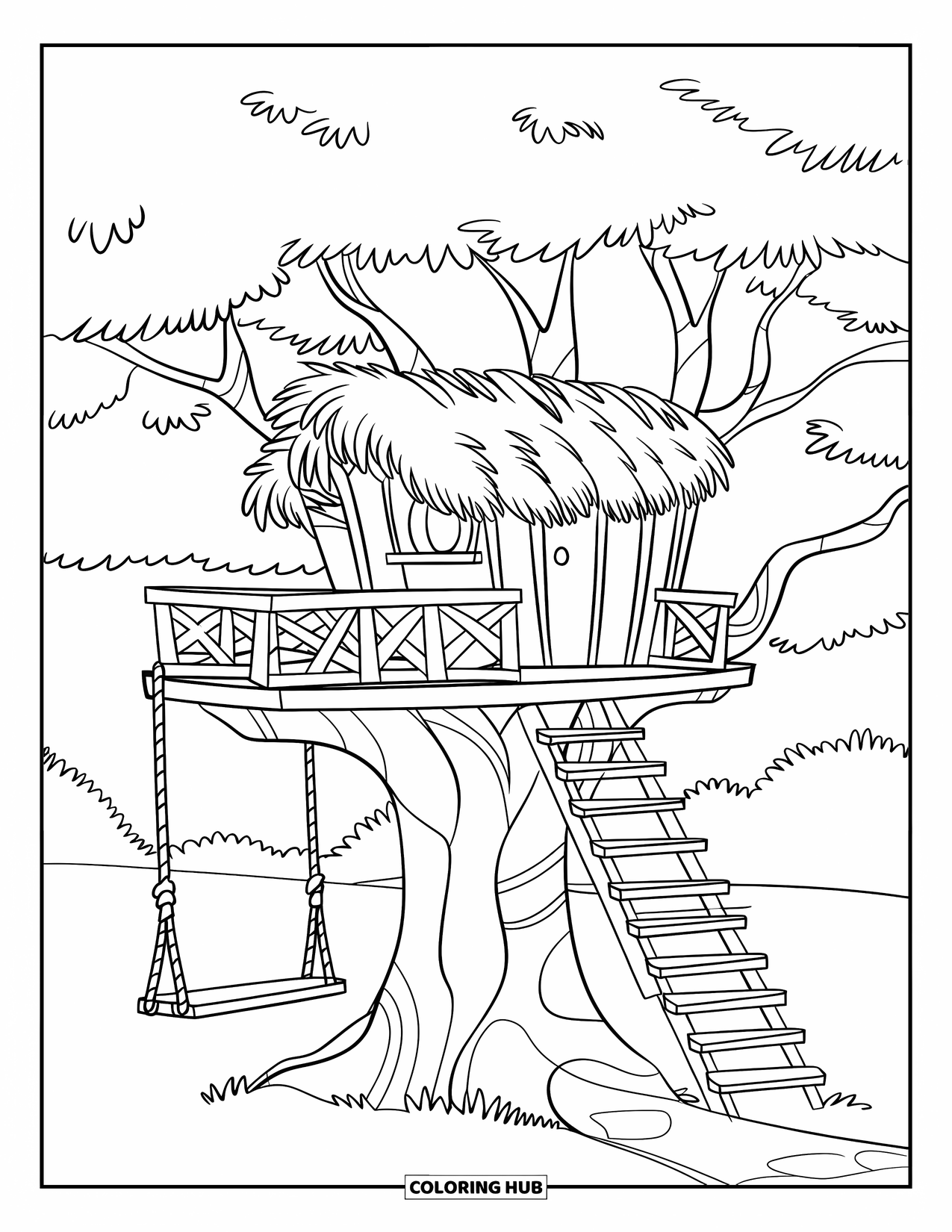Boomhut Kleurplaat voor Kinderen: Een gezellige boomhut met een balkon, schommel en houten leuning