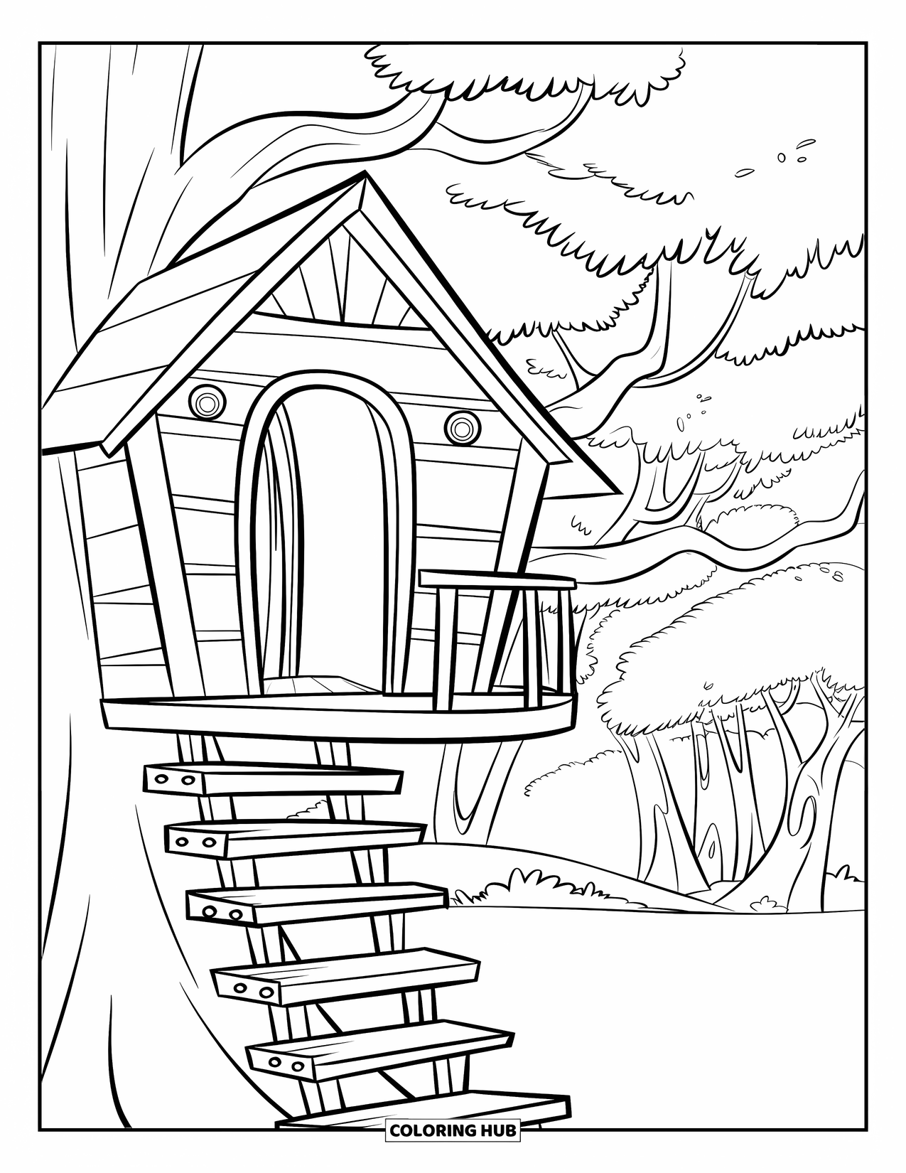 Boomhut Kleurplaat voor Kinderen: Een gezellige boomhut met een balkon, houten trappen en een vogel