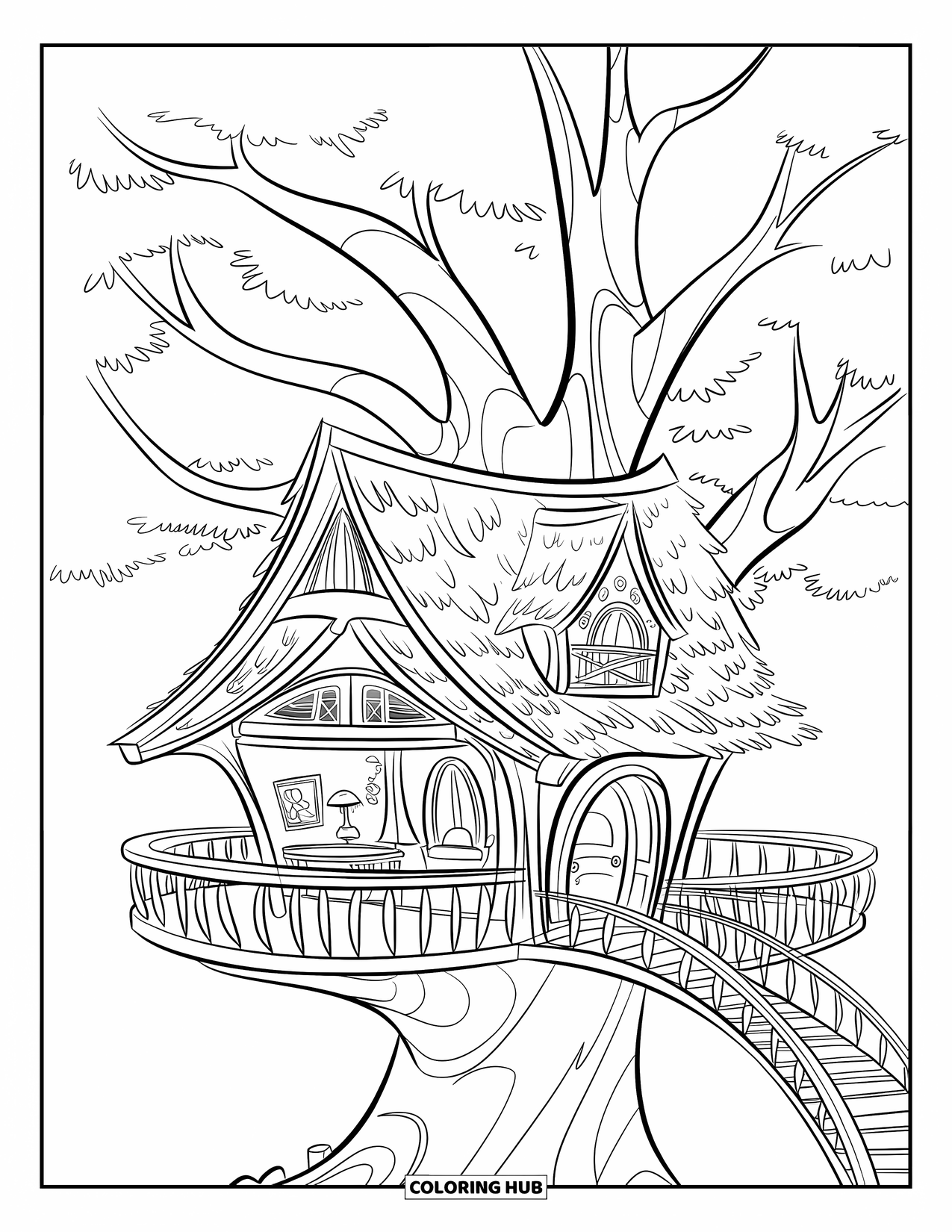 Boomhut Kleurplaat voor Kinderen: Een gezellige boomhut met een brug, balkons en stevige takken