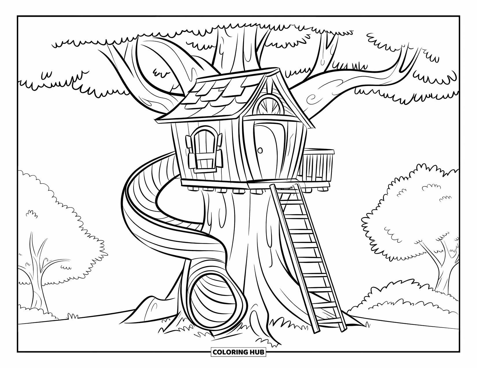 Boomhut Kleurplaat voor Kinderen: Een gezellige boomhut met een touwbrug, een ladder en bosdieren