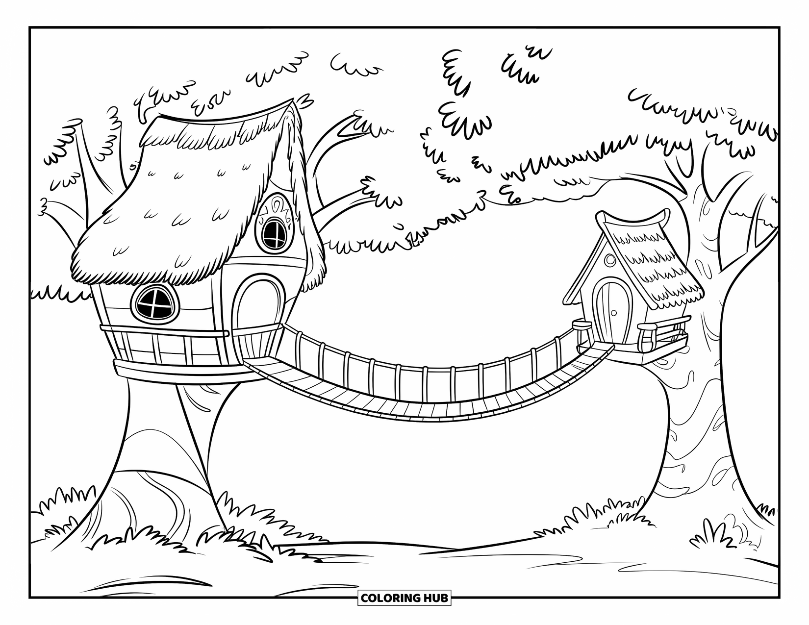Boomhut Kleurplaat voor Kinderen: Een gezellige boomhut met een touwbrug, dieren en groen