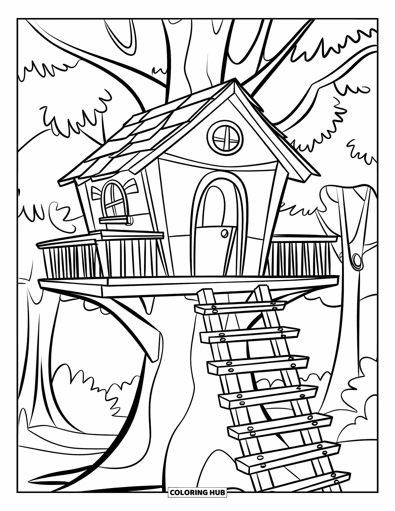 Boomhut Kleurplaat voor Kinderen: Een gezellige boomhut met een schommel, takken en groen