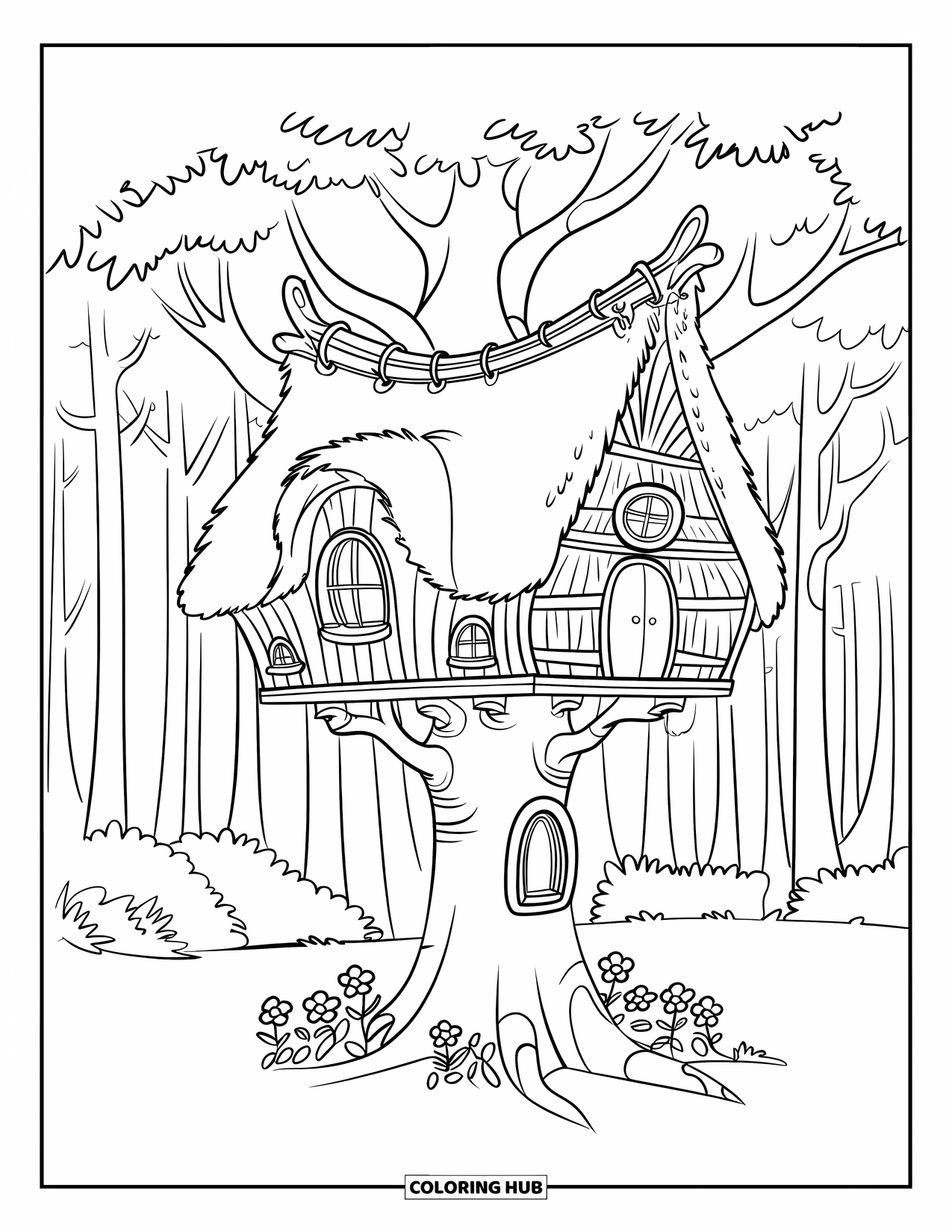 Boomhut Kleurplaat voor Kinderen: Een gezellige boomhut met dieren, takken en groen