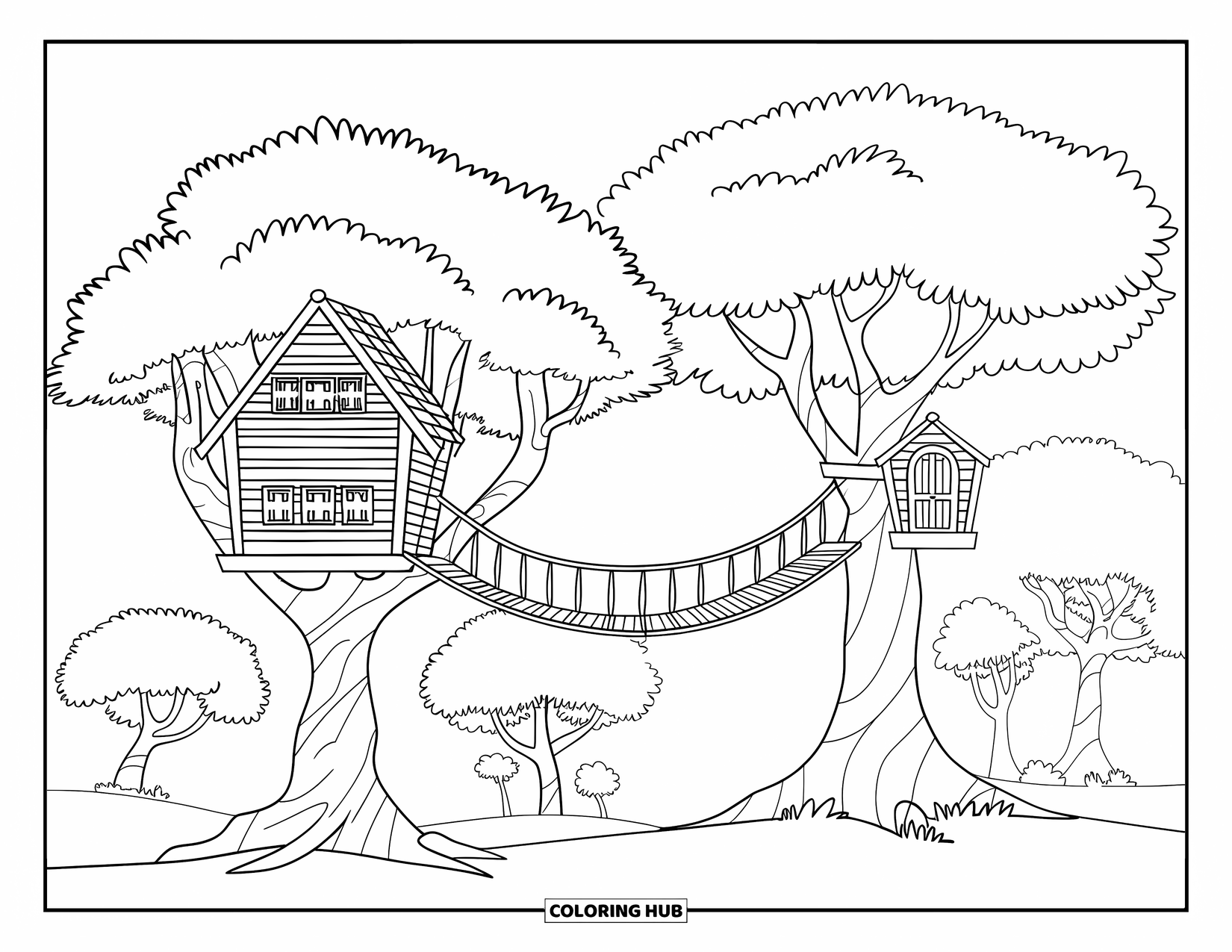 Boomhut Kleurplaat voor Kinderen: Een gezellige boomhut met balkons, bruggen en een sereen uitzicht