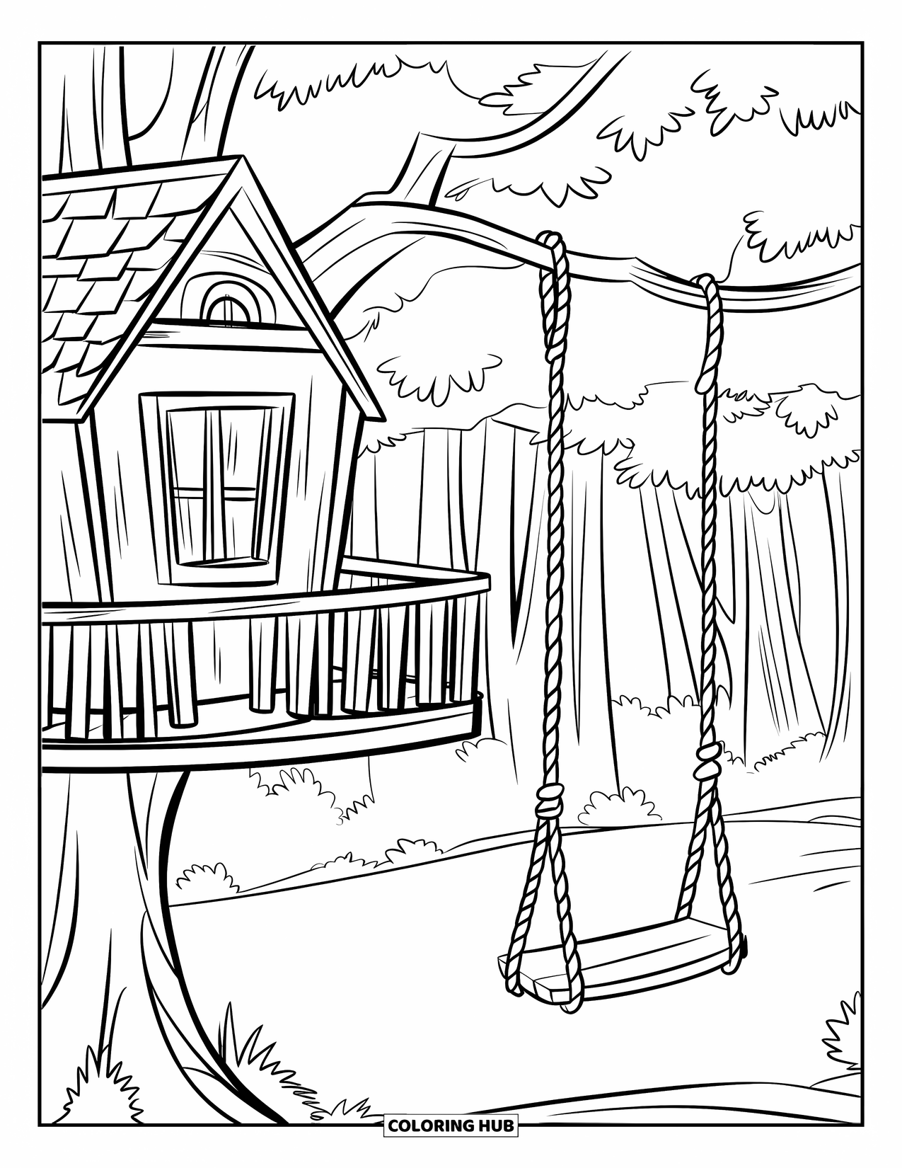 Boomhut Kleurplaat voor Kinderen: Een gezellige boomhut met bloemen, een ladder en een rieten dak