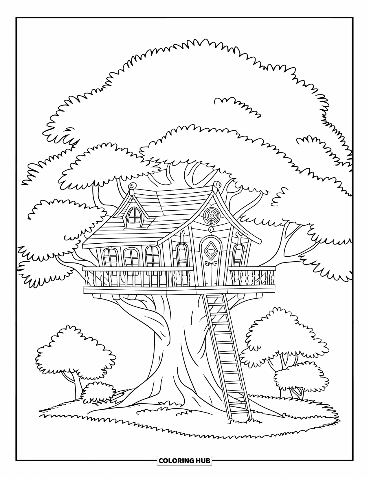 Boomhut Kleurplaat voor Kinderen: Een gezellige boomhut met ladders, ramen en een heldere hemel
