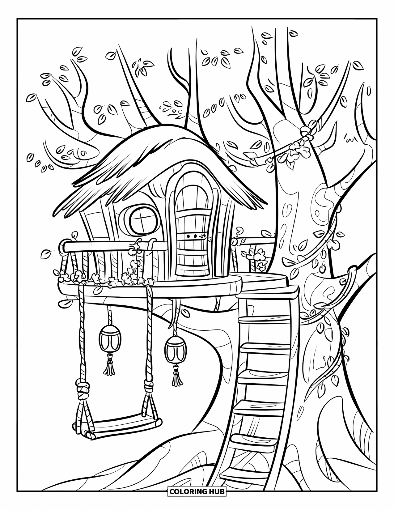 Boomhut Kleurplaat voor Kinderen: Een gezellige boomhut met lantaarns, een schommel en leuningen