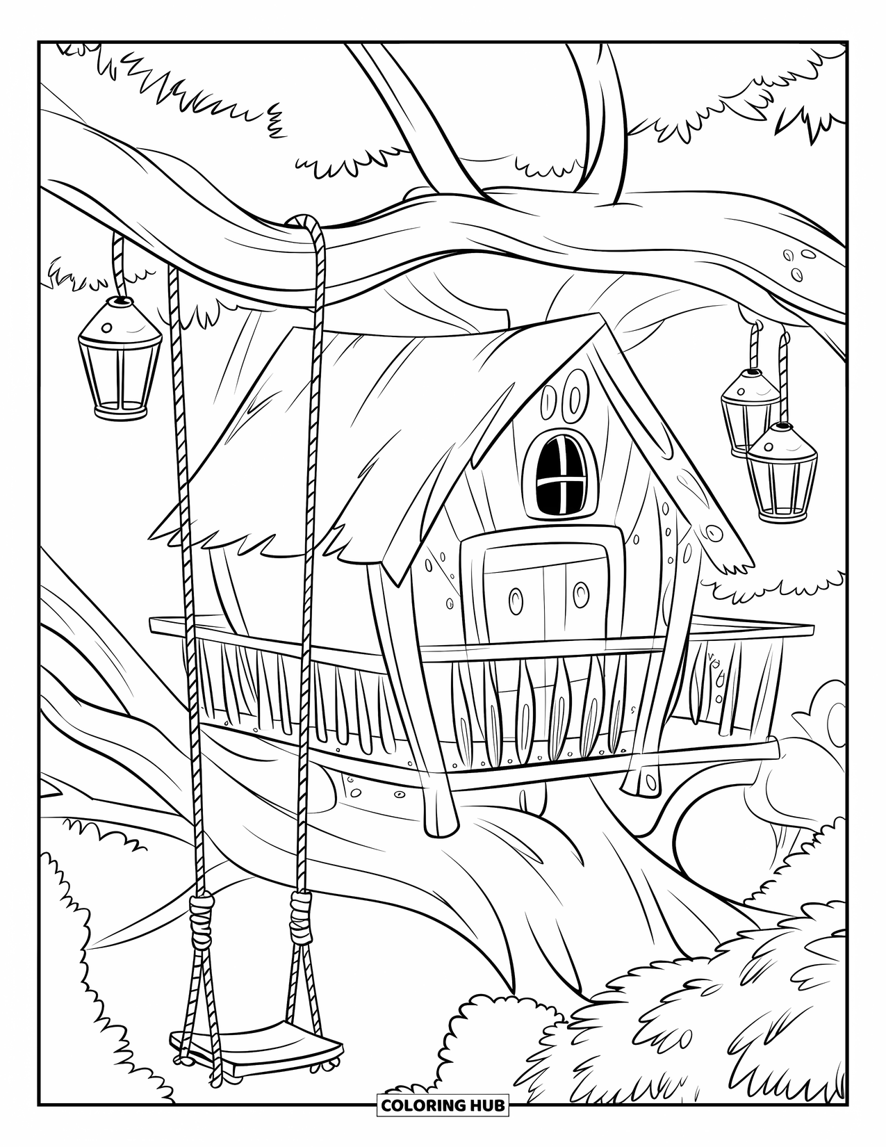 Boomhut Kleurplaat voor Kinderen: Een gezellige boomhut met leuningen, lantaarns en een touwschommel
