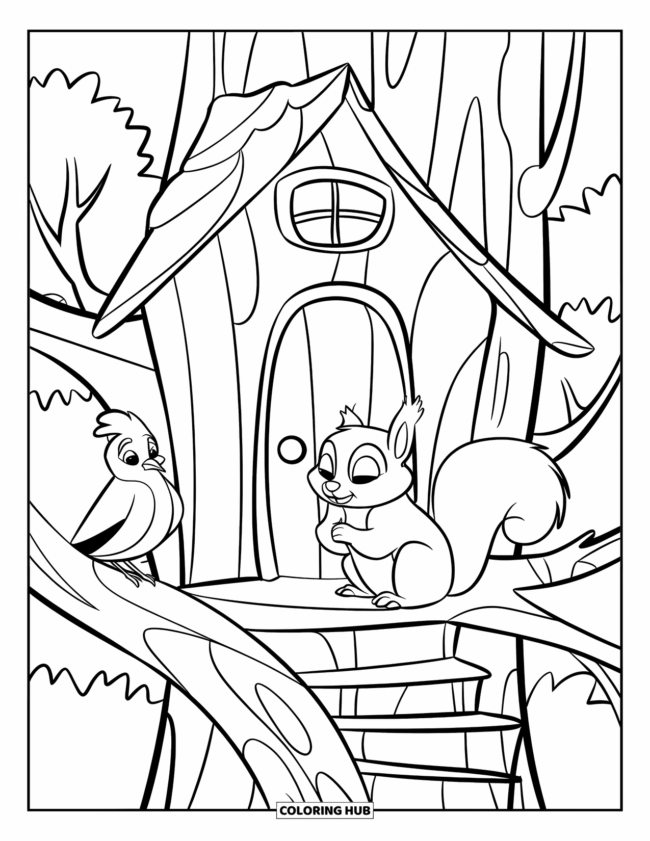 Boomhut Kleurplaat voor Kinderen: Een gezellige boomhut met houten trappen, een balkon en groen