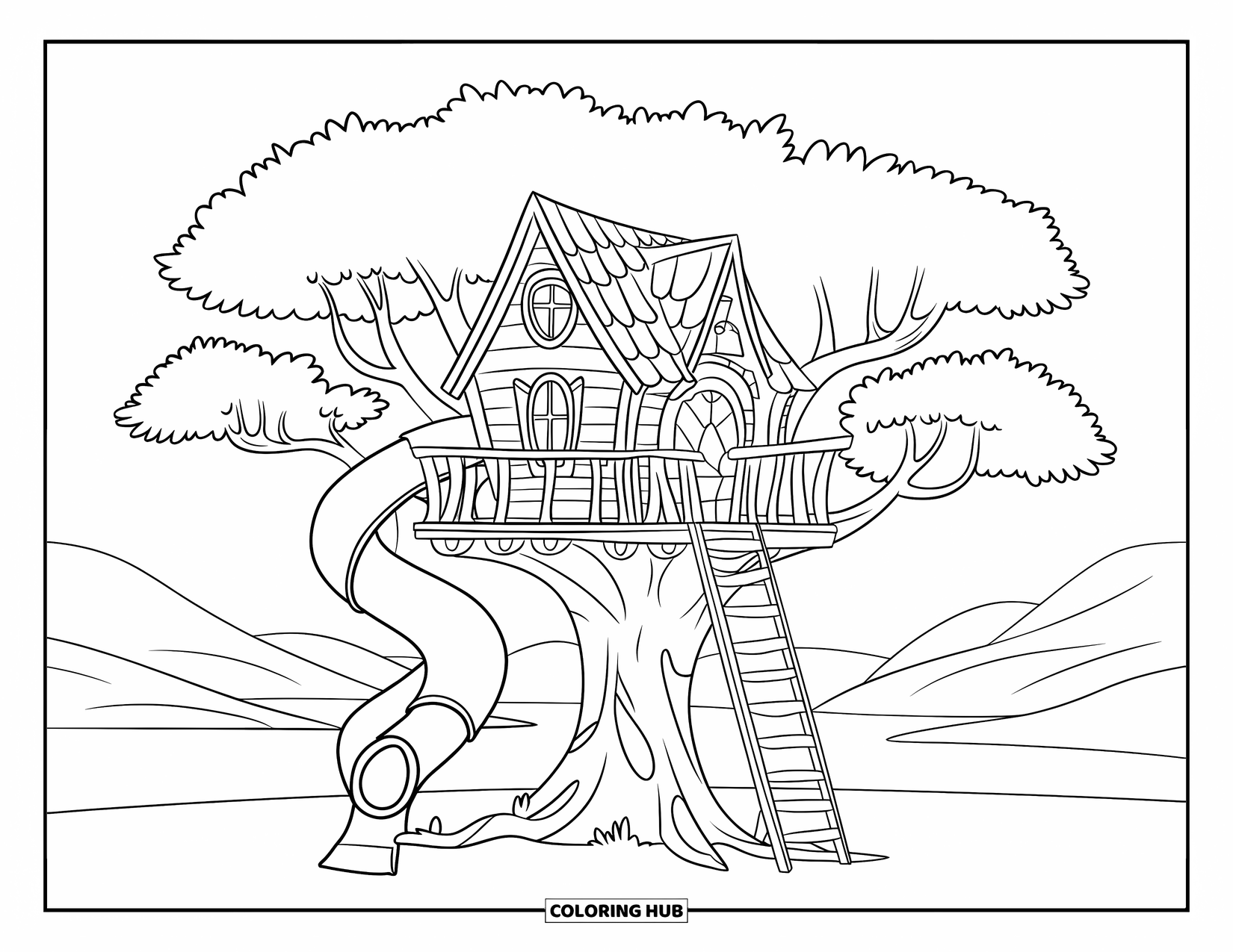 Boomhut Kleurplaat voor Kinderen: Een speelse boomhut met een spiraalvormige glijbaan en een stevige ladder