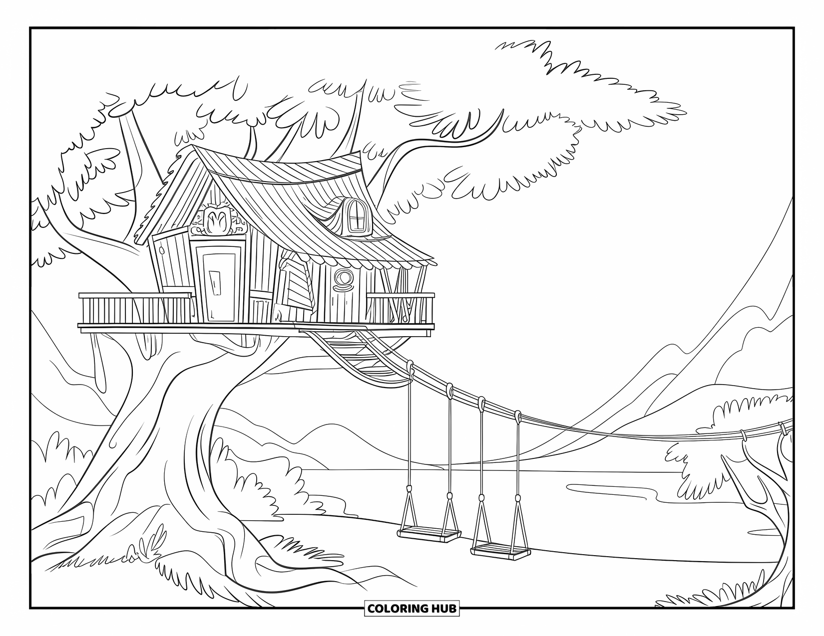 Boomhut Kleurplaat voor Kinderen: Een speelse boomhut met een zipline, touwschommels en meerdere niveaus