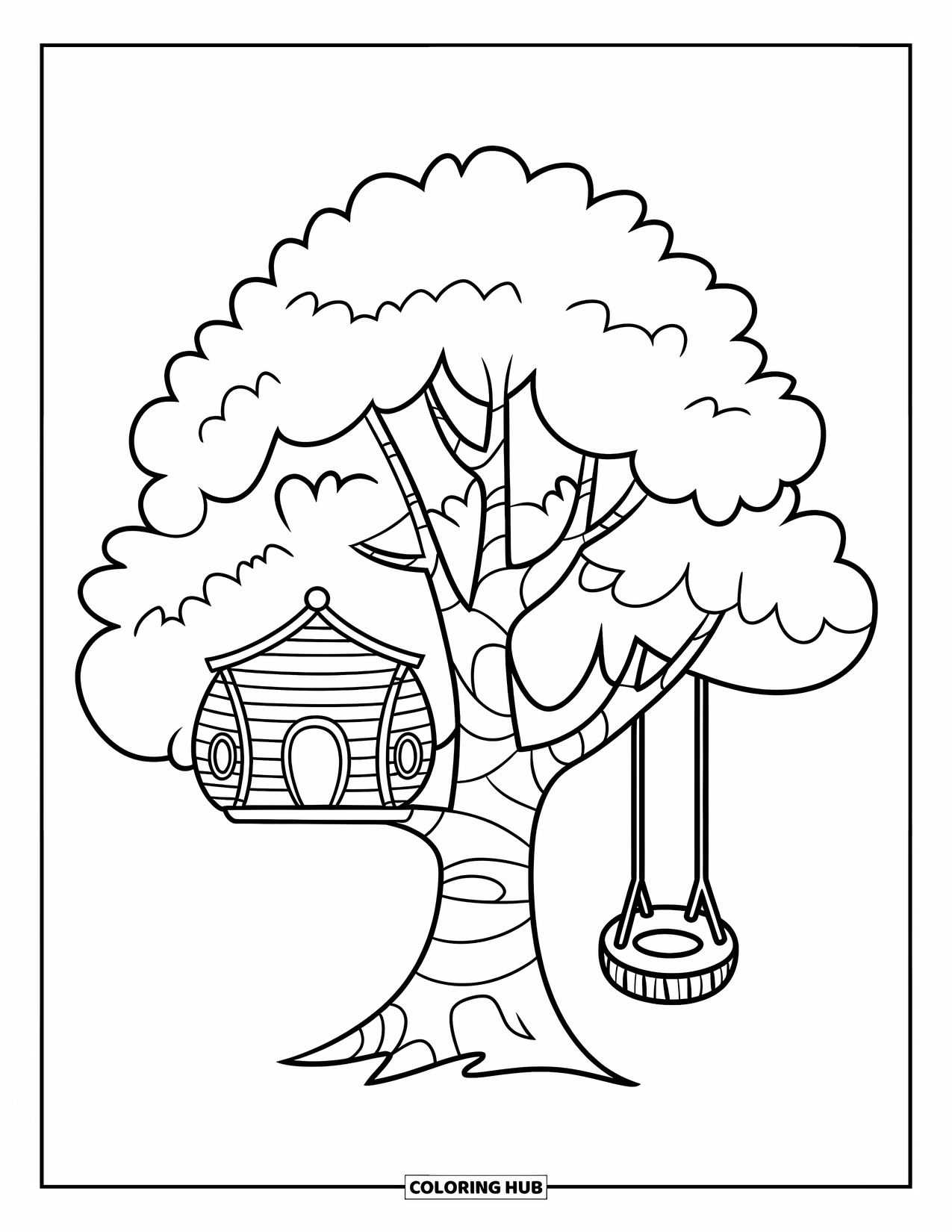 Boomhut Kleurplaat voor Kinderen: Een boomhut met een afgeronde bovenkant en een hangende autobandenschommel