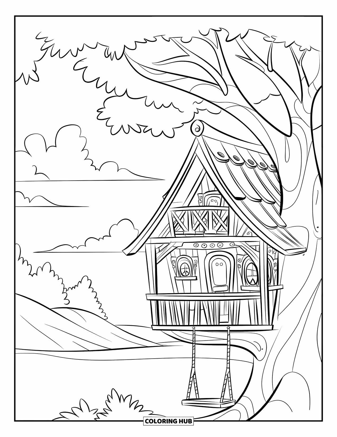 Boomhut Kleurplaat voor Kinderen: Een rustieke boomhut met een balkon, houten balken en glooiende heuvels