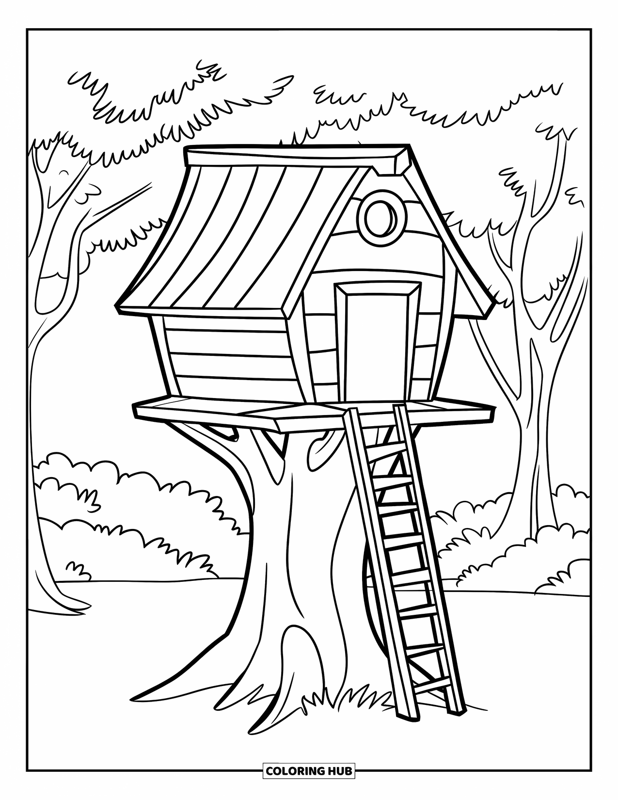 Boomhut Kleurplaat voor Kinderen: Een eenvoudige boomhut met een ladder en een rond raam op een dikke boomstam