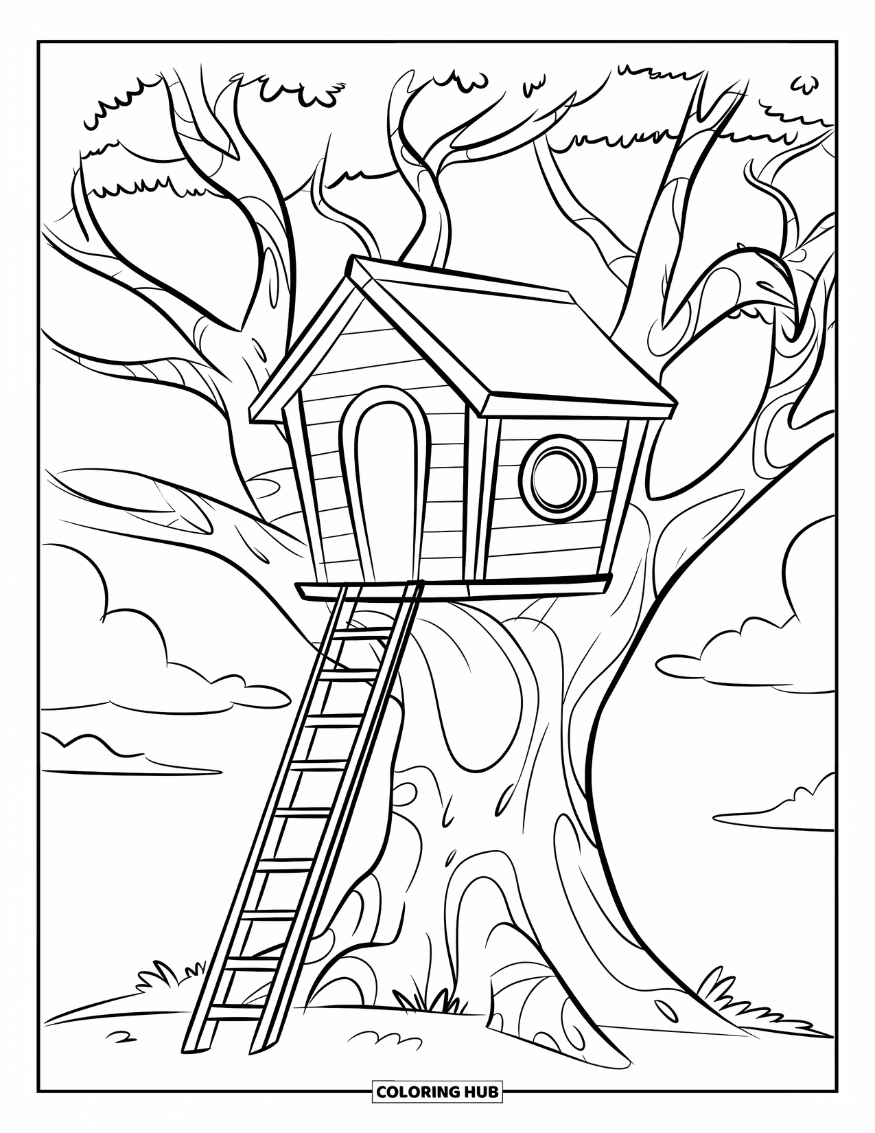 Boomhut Kleurplaat voor Kinderen: Een eenvoudige boomhut met een rond raam en dikke takken