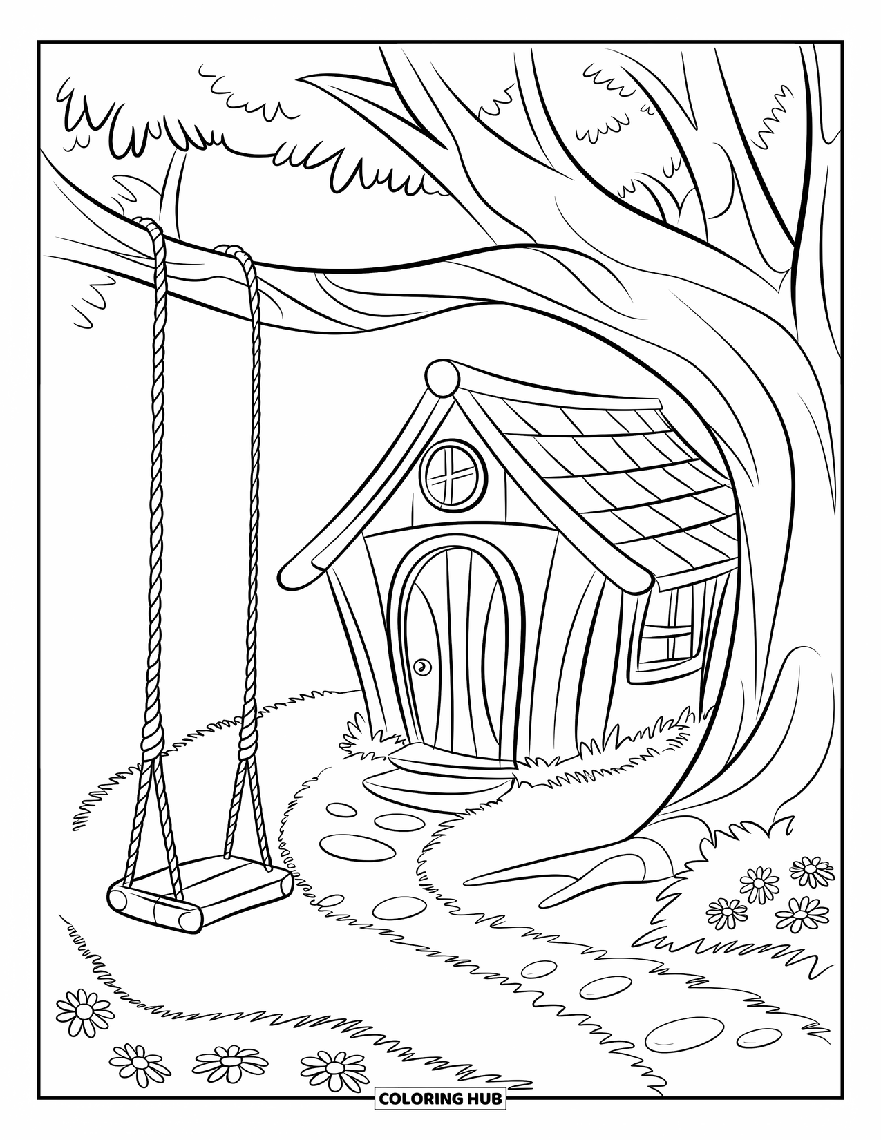 Boomhut Kleurplaat voor Kinderen: Een kleine boomhut met een touwschommel en een pad