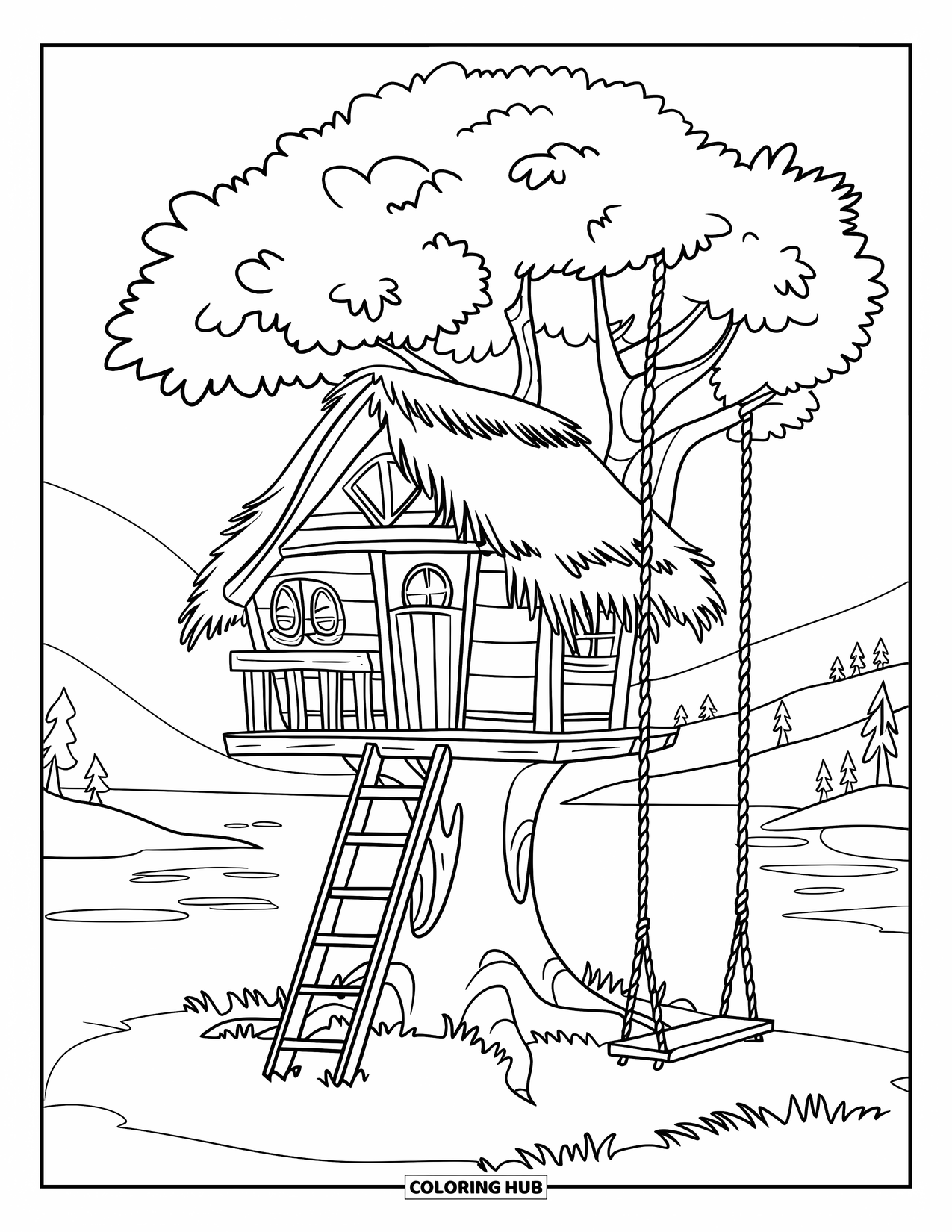 Boomhut Kleurplaat voor Kinderen: Een kleine boomhut met een touwschommel en een rieten dak