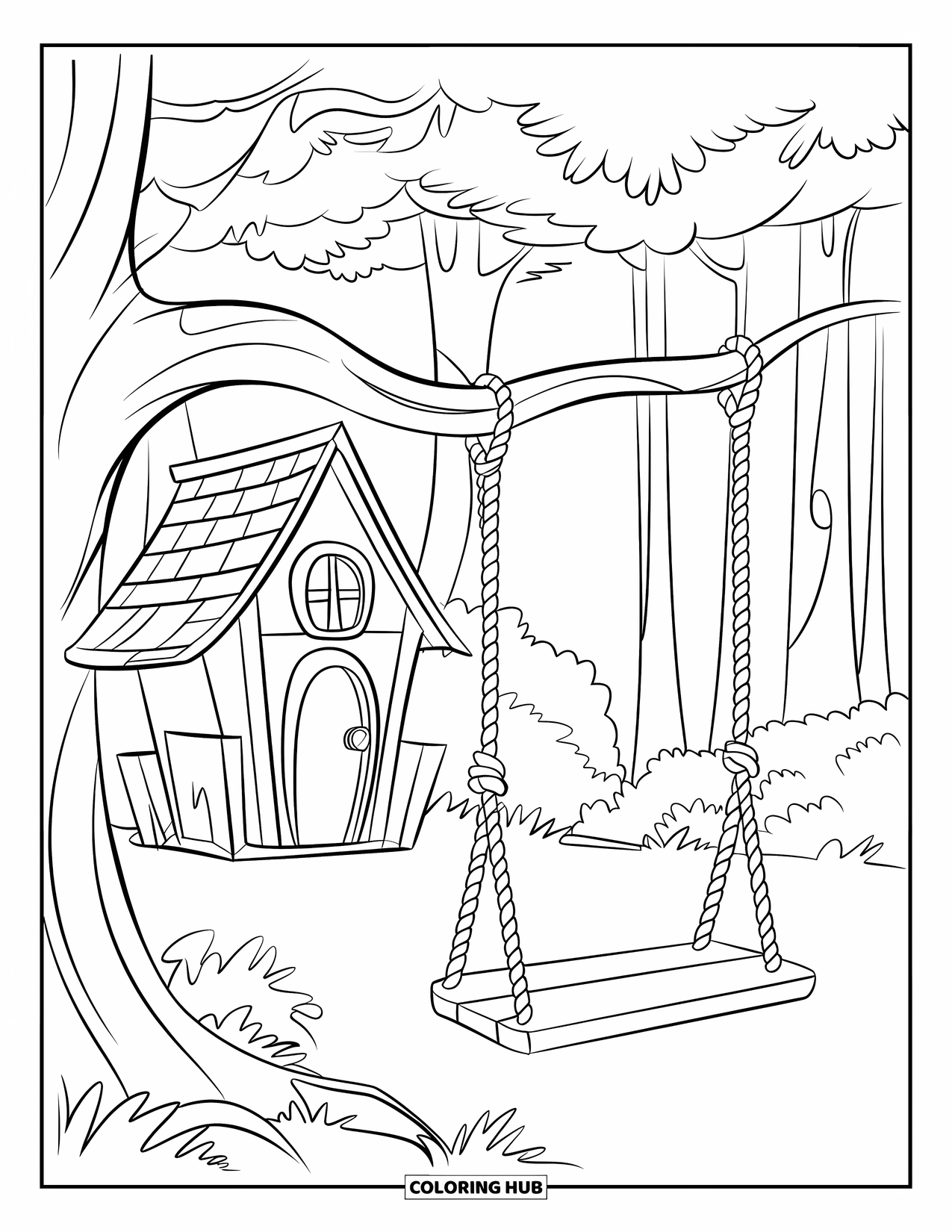 Boomhut Kleurplaat voor Kinderen: Een kleine boomhut met een schuin dak en een touwschommel