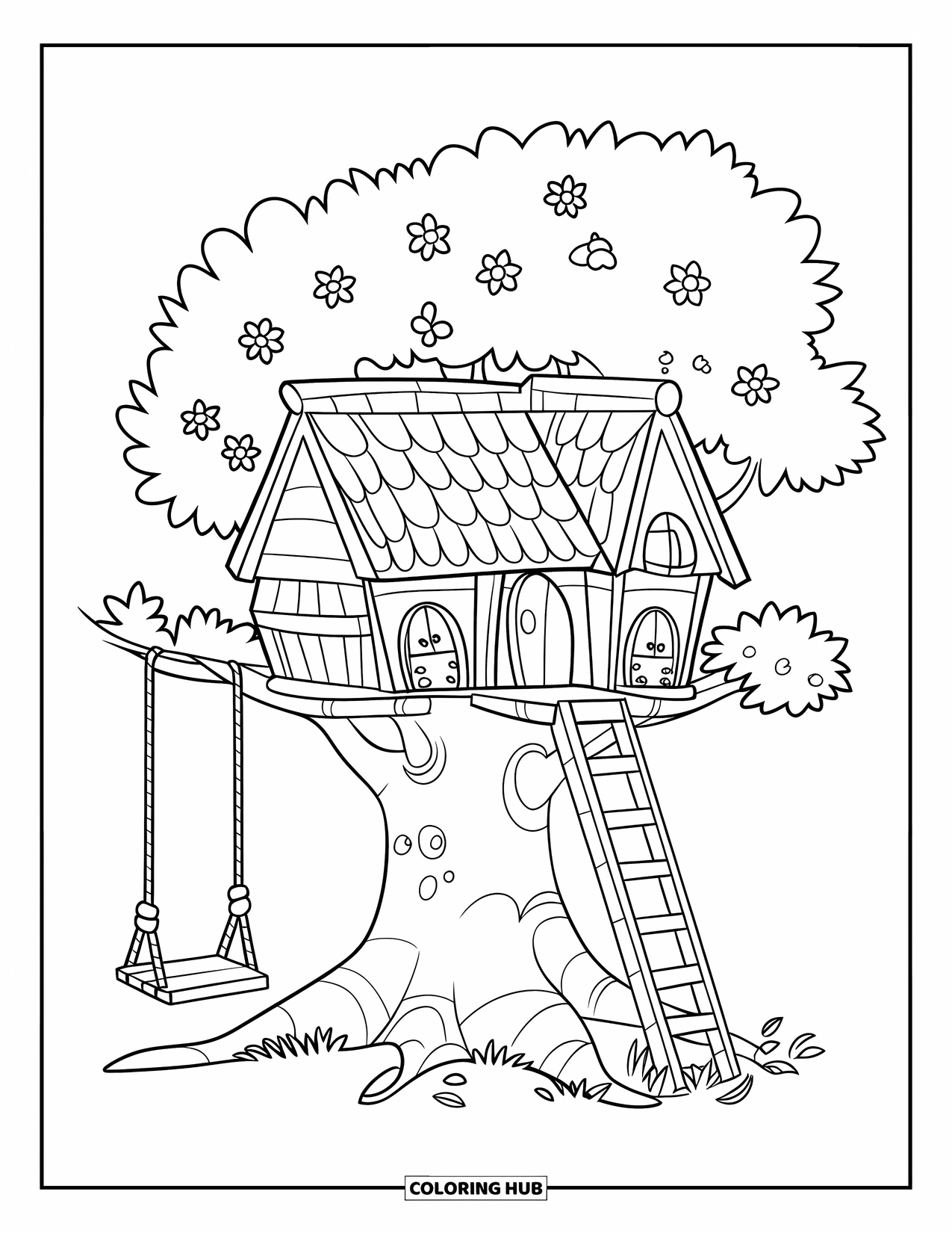 Boomhut Kleurplaat voor Kinderen: Een kleine boomhut met grote wortels en een touwschommel