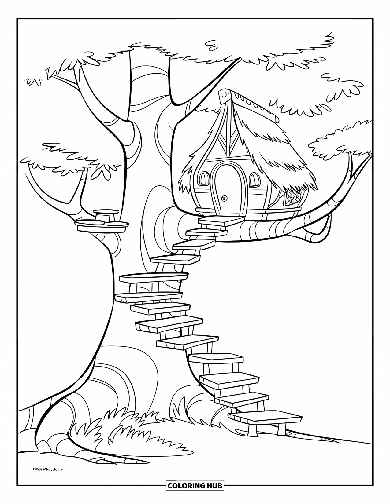 Boomhut Kleurplaat voor Kinderen: Een hoge boomhut met trappen, een raam en weelderig groen