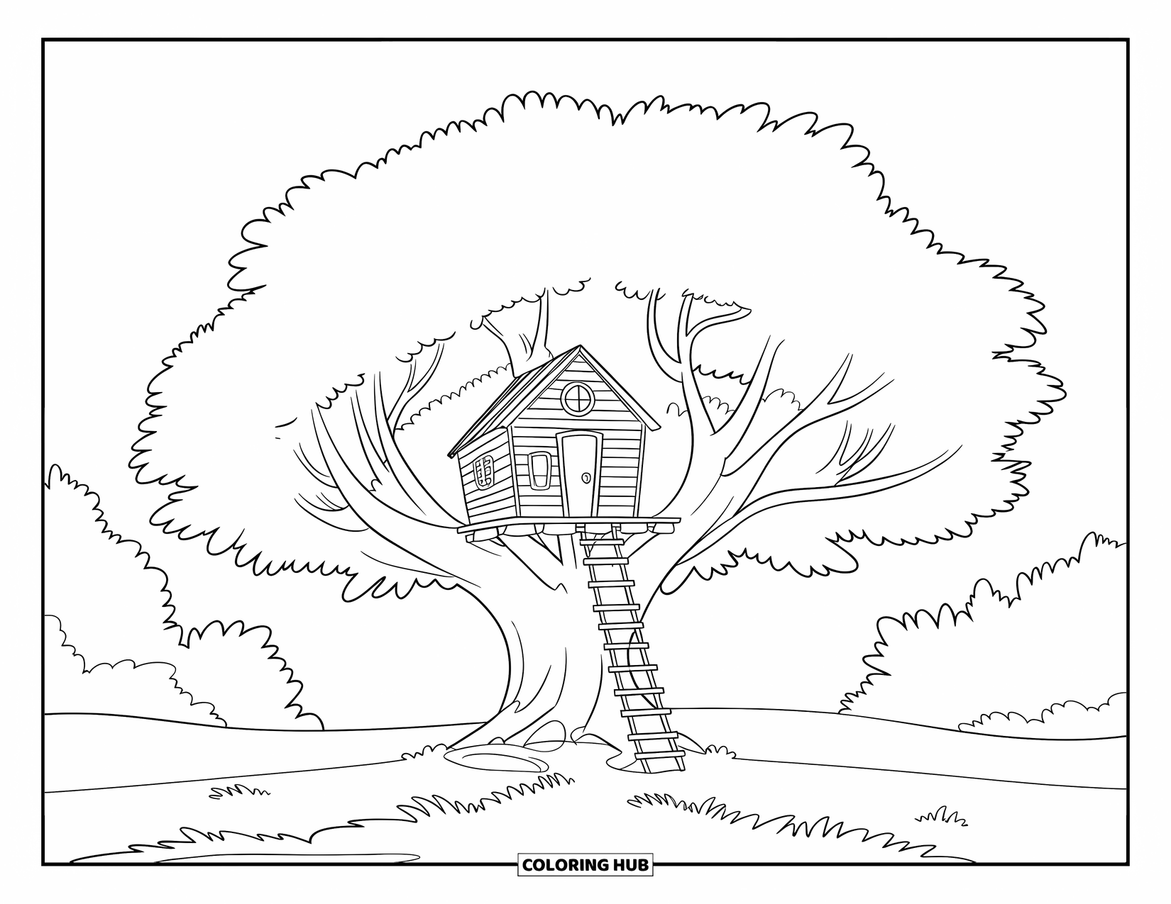 Boomhut Kleurplaat voor Kinderen: Een klein huisje met een touwladder en ronde bladeren