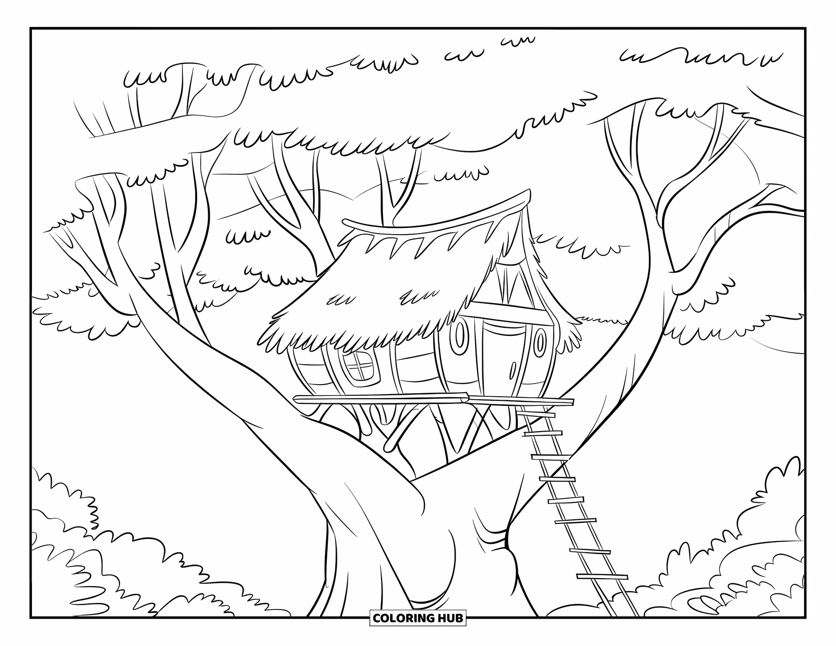 Boomhut Kleurplaat voor Kinderen: Een klein huisje met een rieten dak en een touwladder