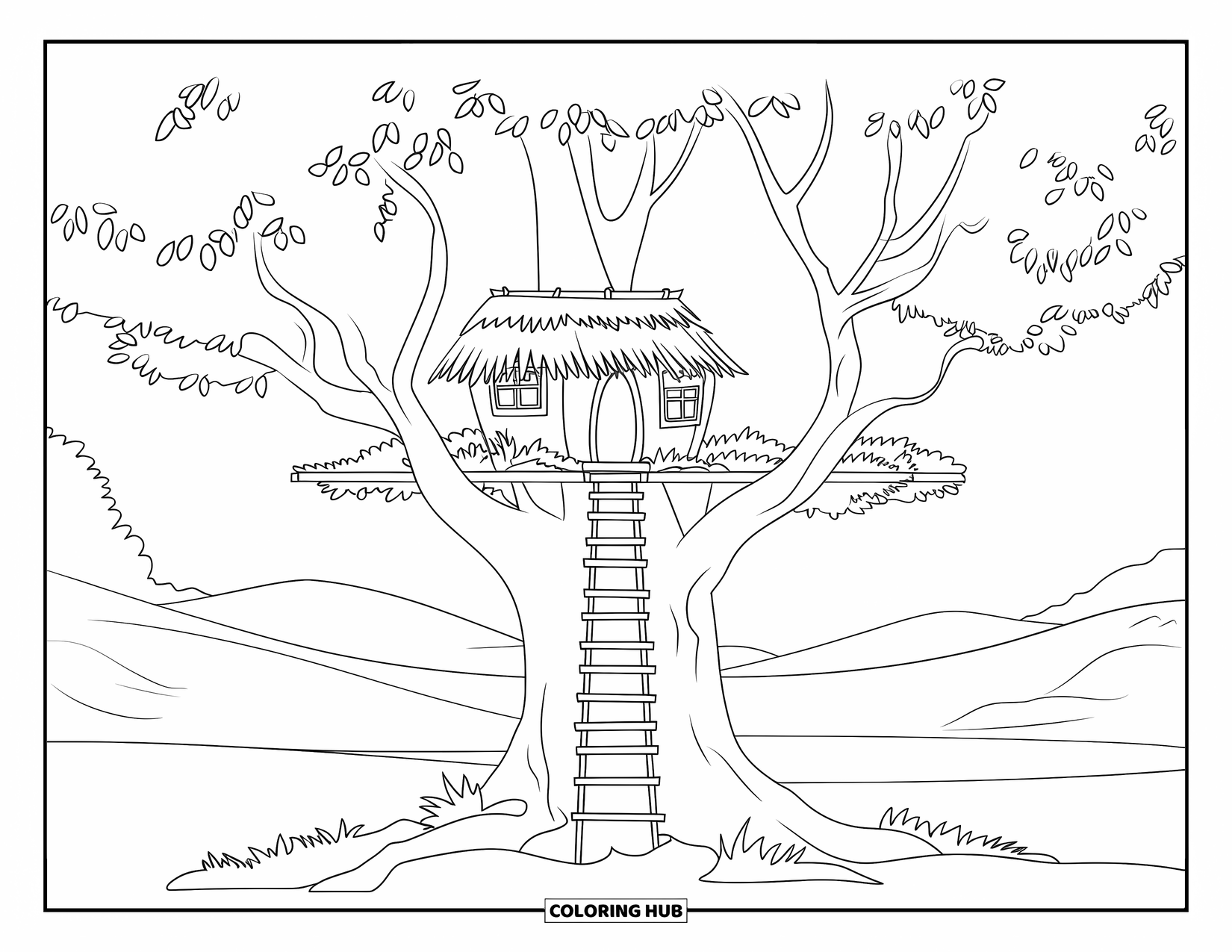 Boomhut Kleurplaat voor Kinderen: Een klein huisje met een rieten dak en een houten plank