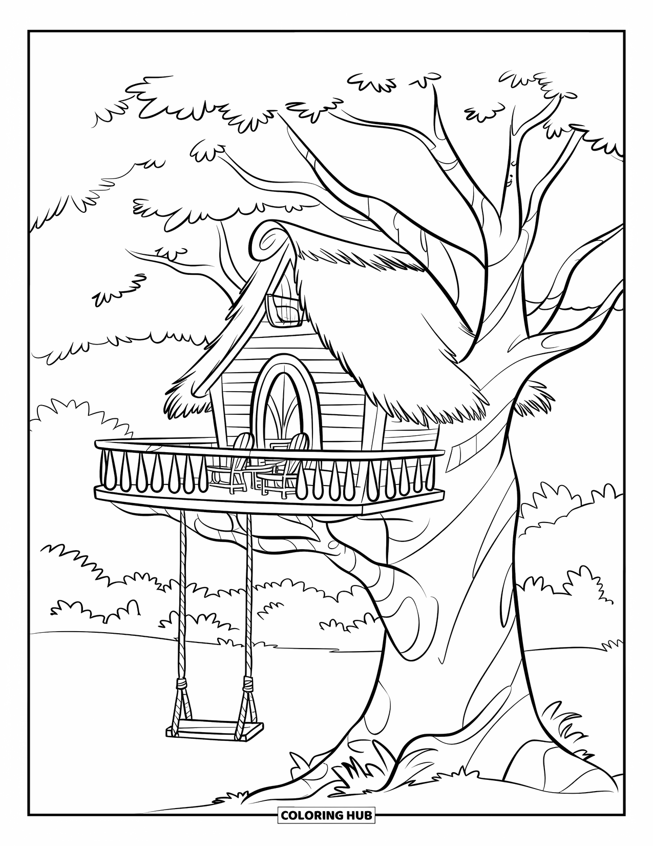 Boomhut Kleurplaat voor Kinderen: Een boomhutcabine met een ladder, bloemen en een rieten dak