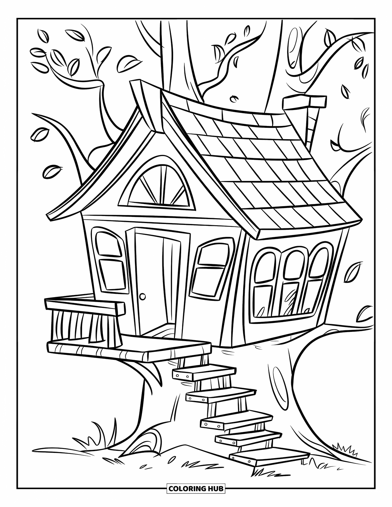 Boomhut Kleurplaat voor Kinderen: Een boomhut met een balkon, open deur en houten trappen