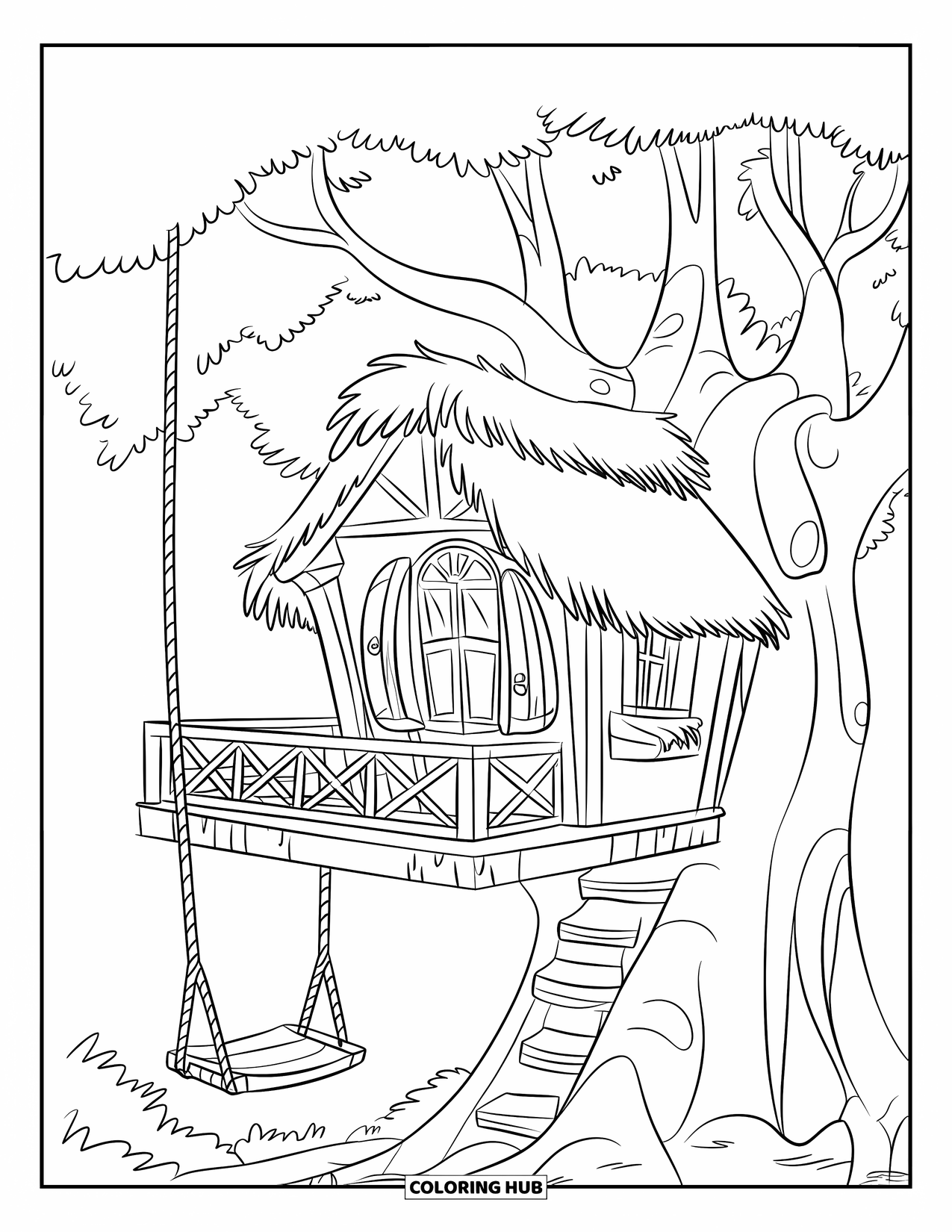 Boomhut Kleurplaat voor Kinderen: Een boomhut met een balkon, leuning en een touwschommel