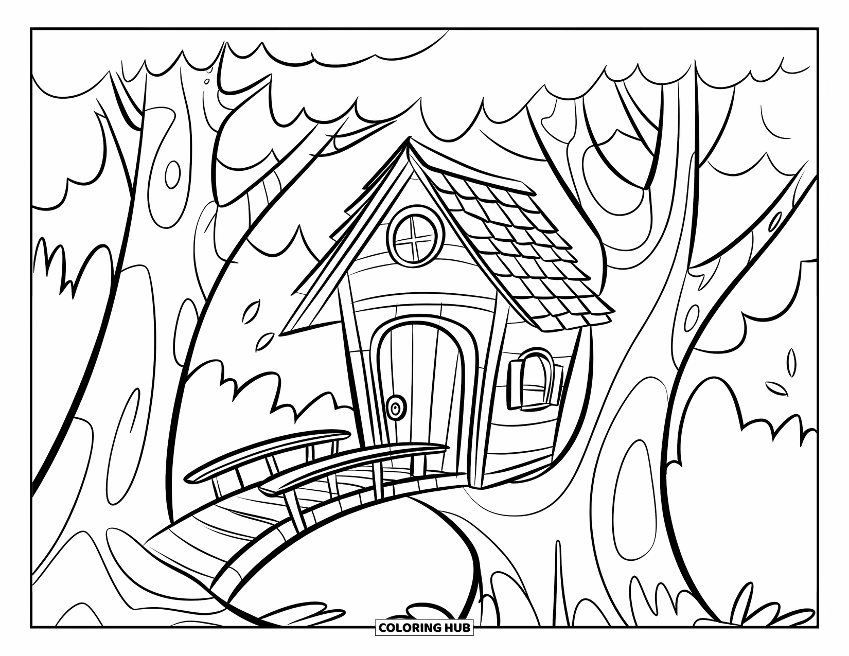 Boomhut Kleurplaat voor Kinderen: Een boomhut met een brug en grote bladeren eromheen