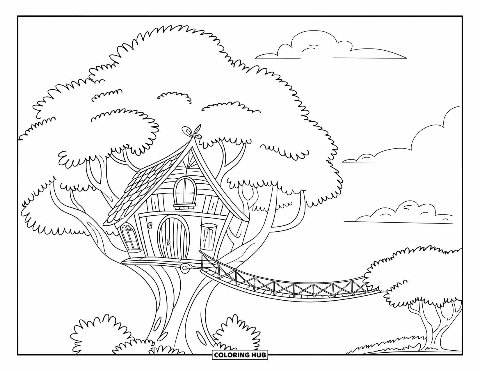 Boomhut Kleurplaat voor Kinderen: Een boomhut met een brug die verbinding maakt met een andere boom