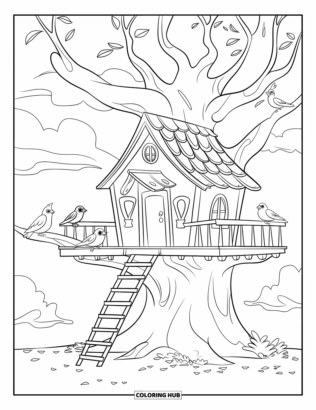 Boomhut Kleurplaat voor Kinderen: Een boomhut met een deur, raam en vogels op takken