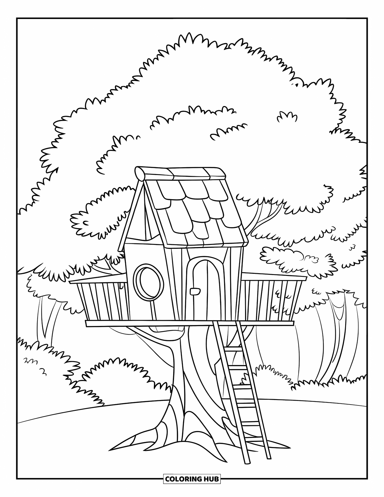 Boomhut Kleurplaat voor Kinderen: Een boomhut met een ladder en een rond raam