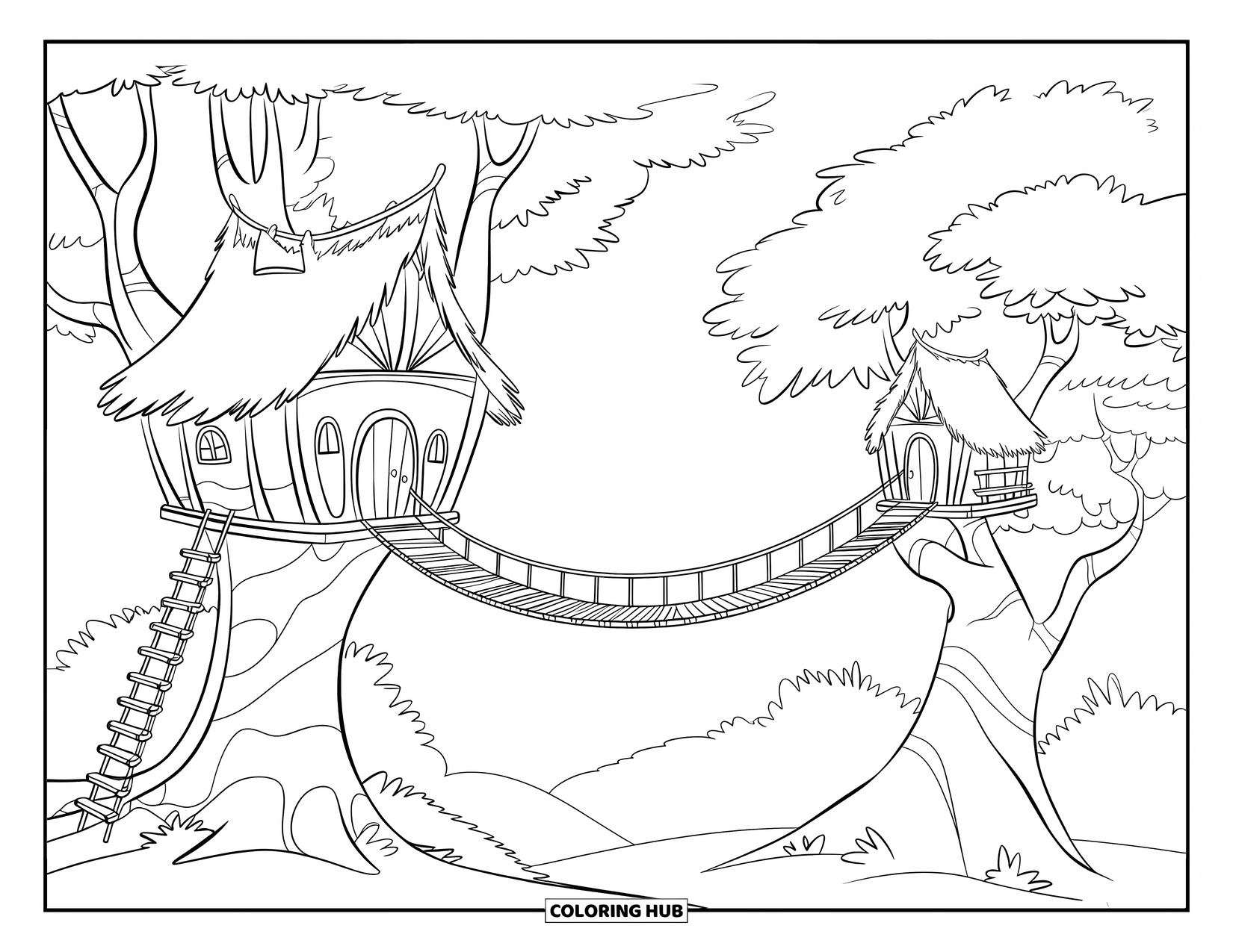 Boomhut Kleurplaat voor Kinderen: Een boomhut met een touwbrug, een ladder en dieren in de buurt