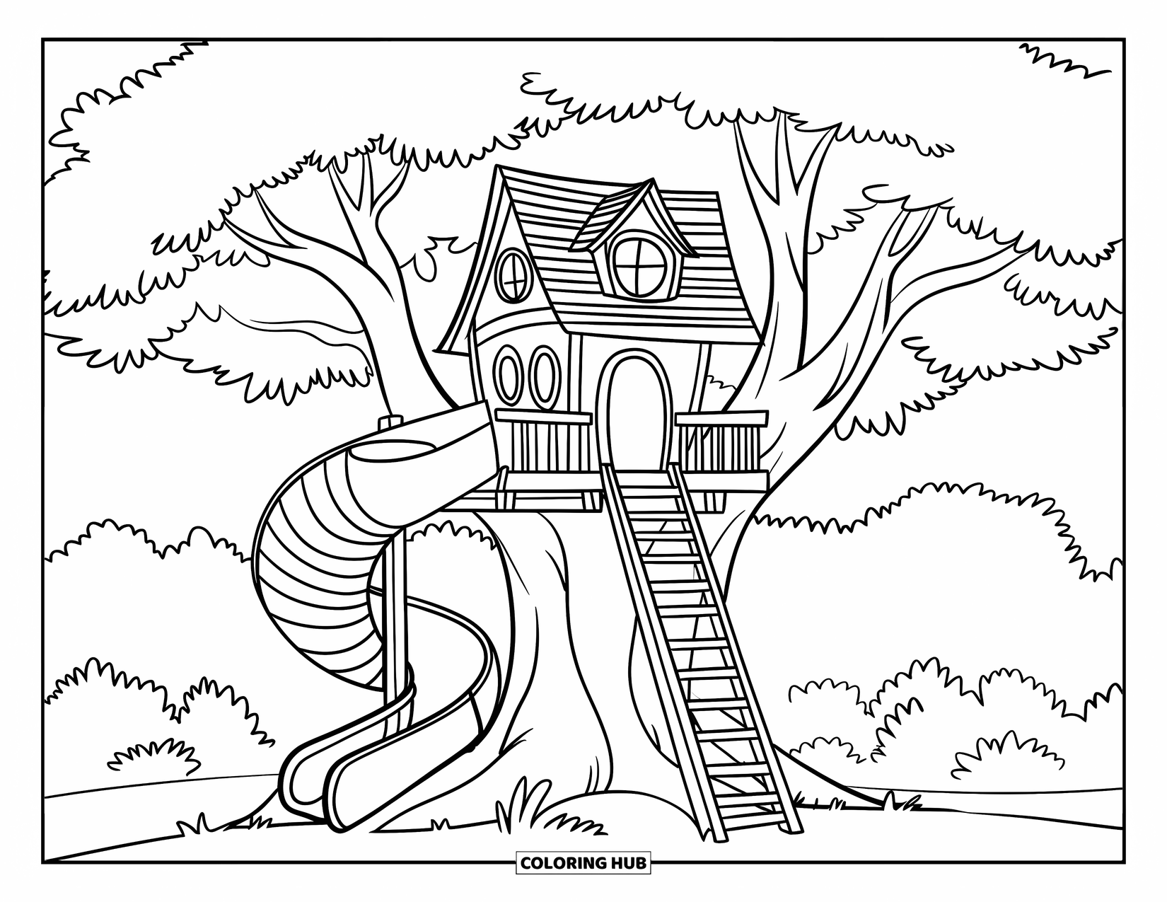 Boomhut Kleurplaat voor Kinderen: Een boomhut met een touwbrug, een rieten dak en dieren