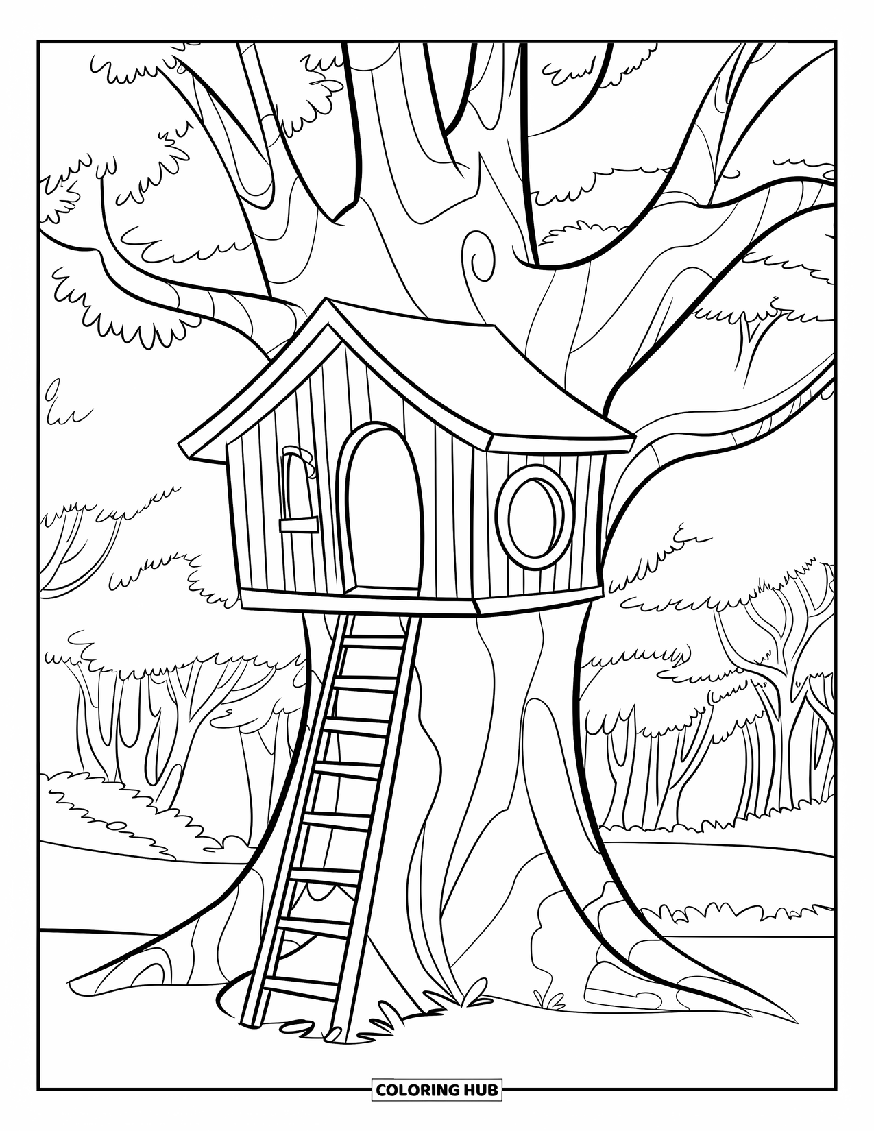Boomhut Kleurplaat voor Kinderen: Een boomhut met een rond raam en ladder op een dikke boom in een bos