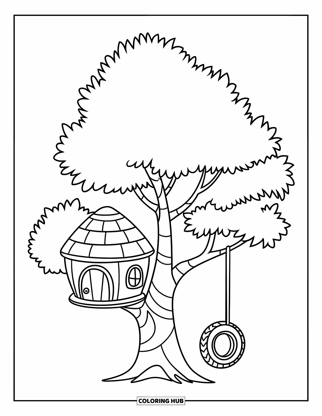 Boomhut Kleurplaat voor Kinderen: Een boomhut met een afgerond dak, deur en autobandenschommel