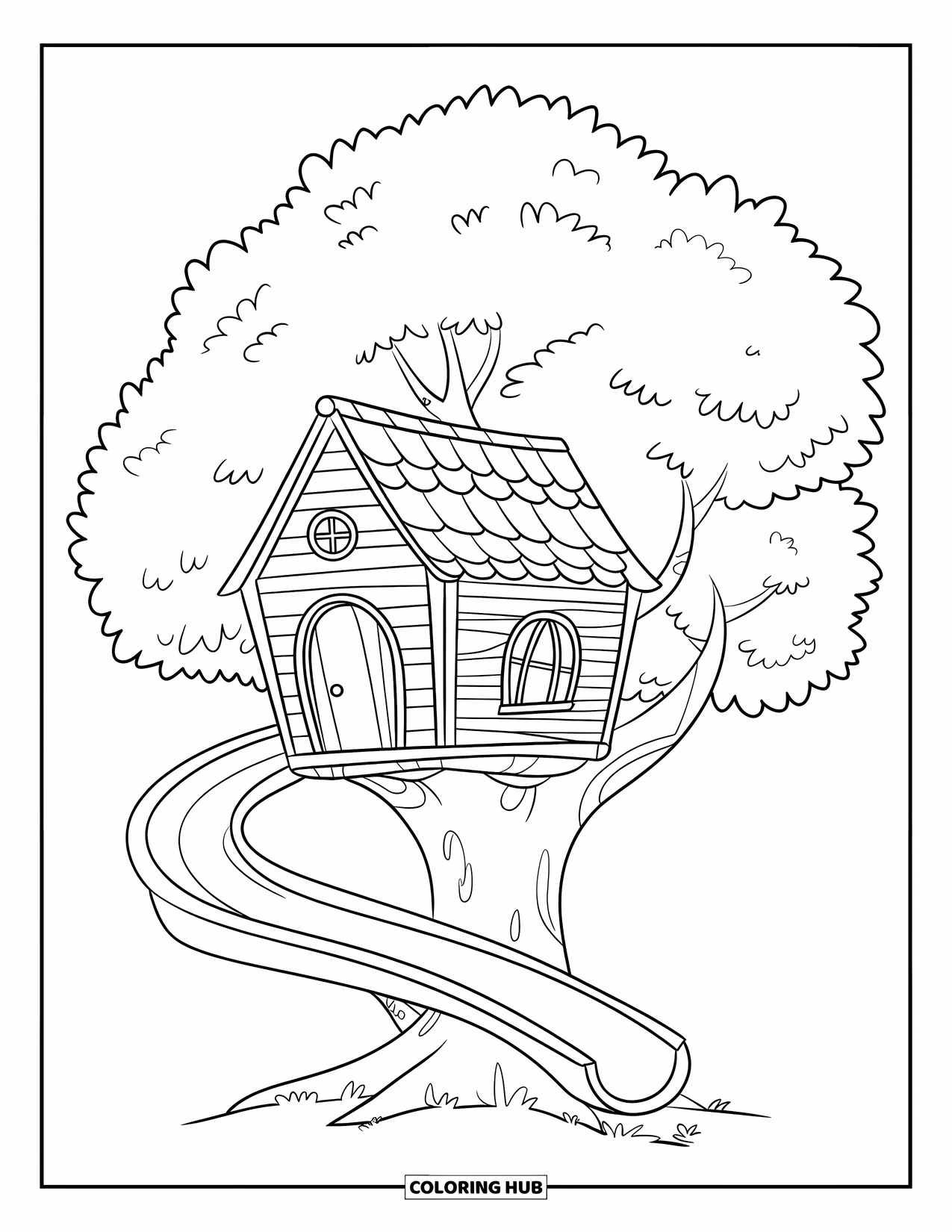 Boomhut Kleurplaat voor Kinderen: Een boomhut met een glijbaan en een deur en raam