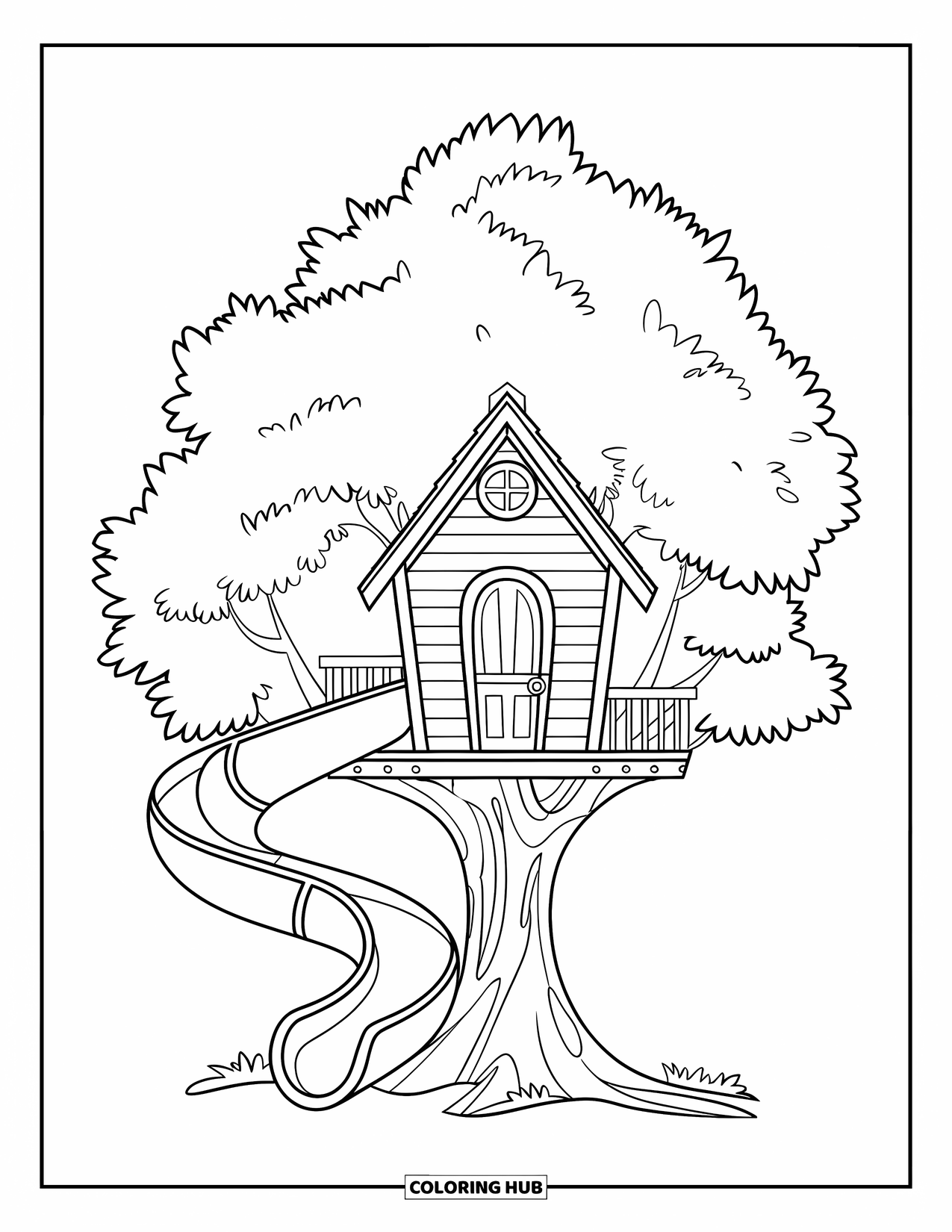 Boomhut Kleurplaat voor Kinderen: Een boomhut met een glijbaan die om de boomstam wikkelt