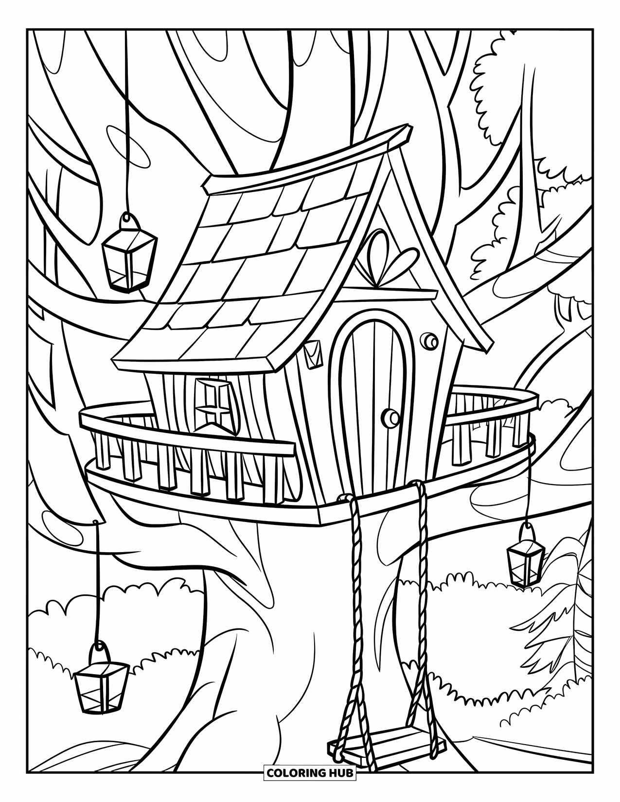 Boomhut Kleurplaat voor Kinderen: Een boomhut met een schuin dak, lantaarns en een touwschommel