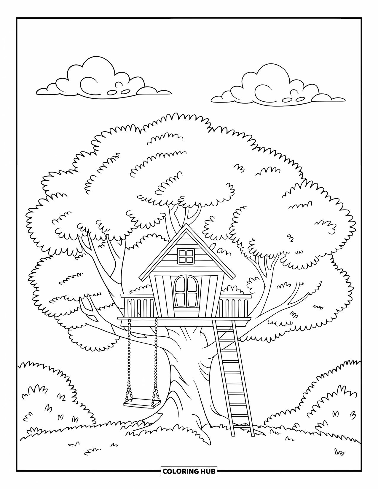 Boomhut Kleurplaat voor Kinderen: Een boomhut met een spiraalvormige glijbaan, ladders en een weelderige omgeving