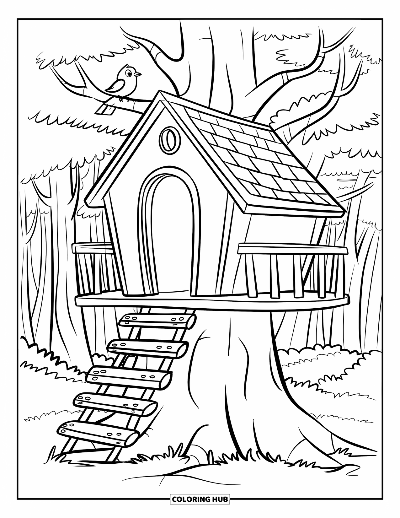 Boomhut Kleurplaat voor Kinderen: Een boomhut met een schommel, bladerrijke takken en houten leuningen