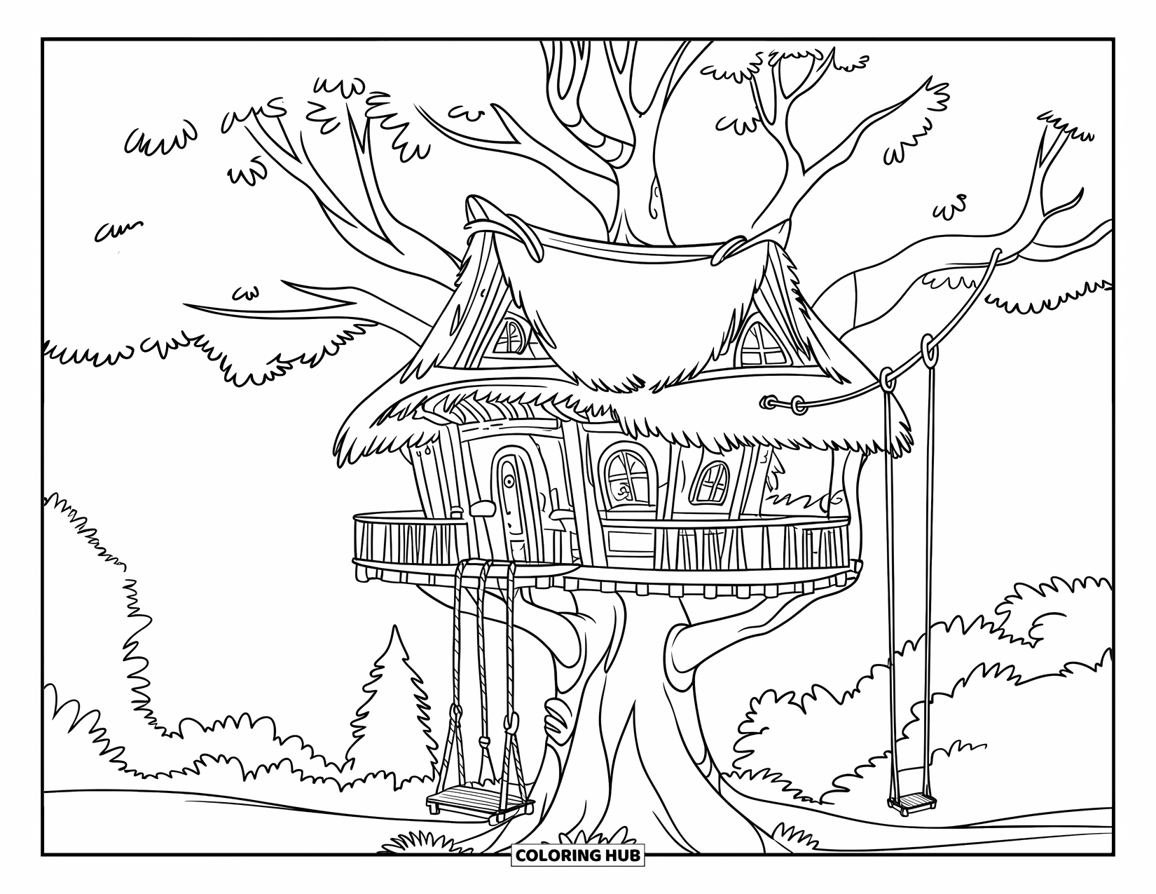 Boomhut Kleurplaat voor Kinderen: Een boomhut met een rieten dak, balkons en een zipline